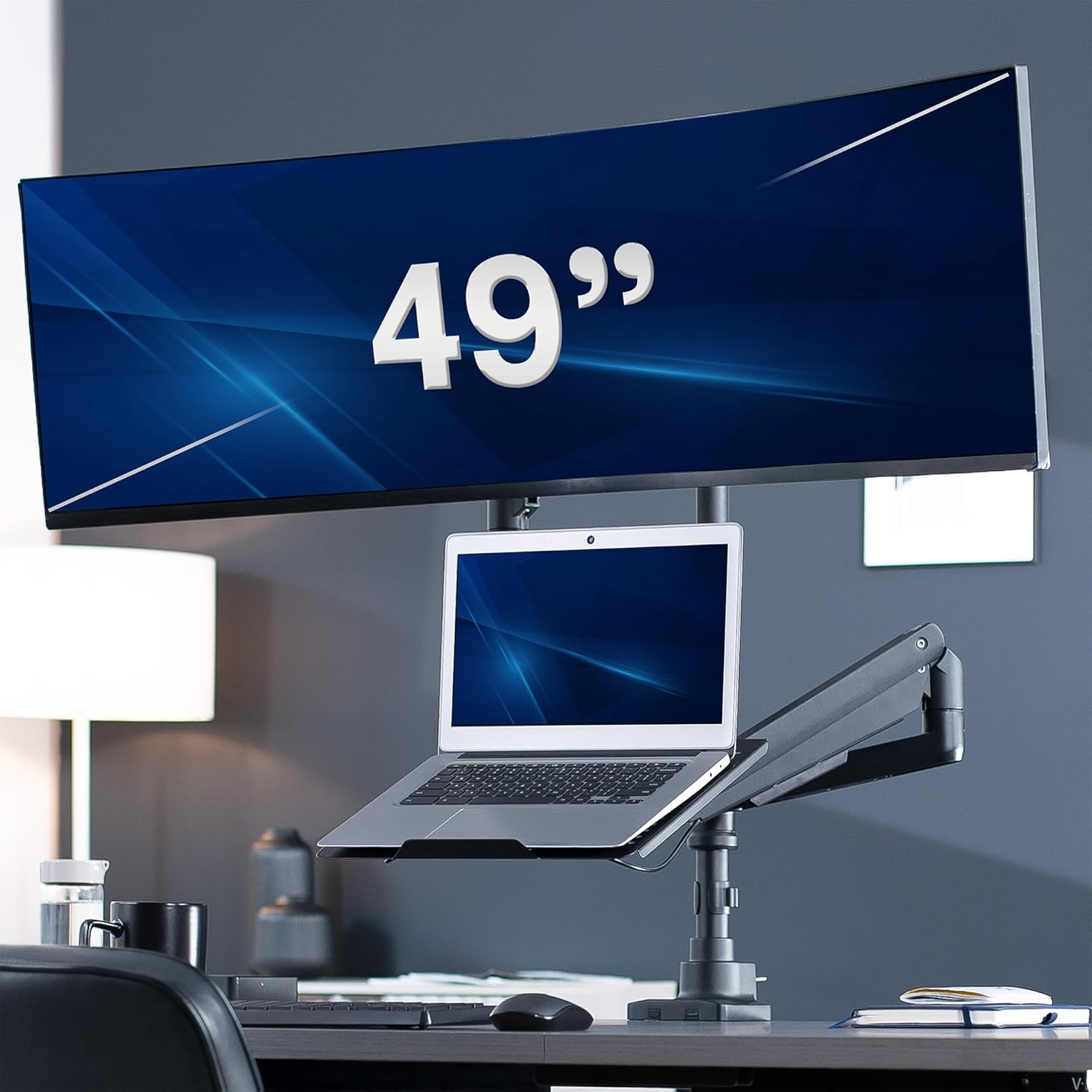 VIVO Pneumatic Arm Ultrawide Monitor Extra Tall Desk Mount for Up to 49 inch Screens and Laptop Tray for Up to 17 inch Notebooks, Holds Ultra-Wides Up to 44 lbs, Black, STAND-V120K-L