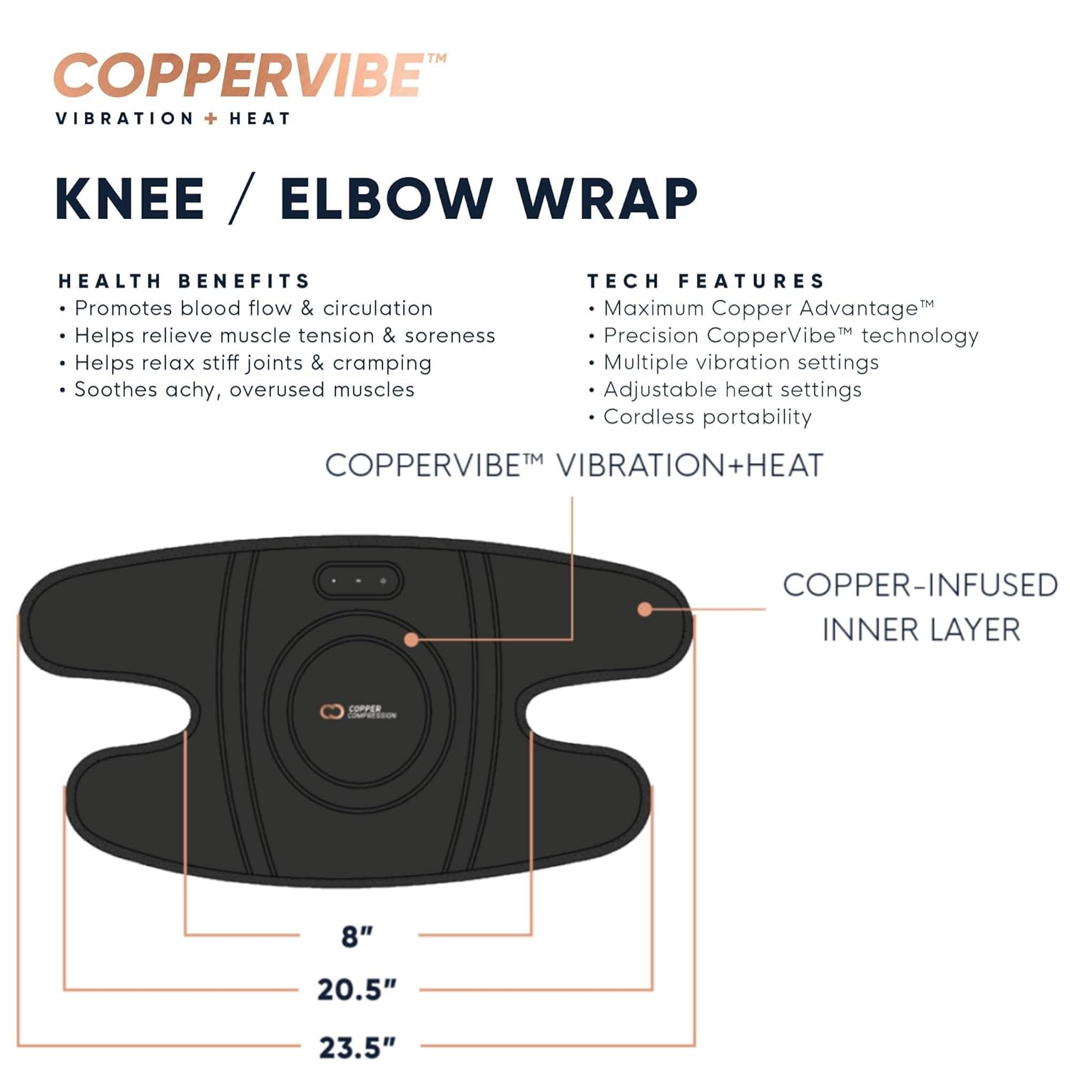 Copper Compression CopperVibe Vibration + Heat Therapy Knee/Elbow Brace Support Vibrating Heating Pad Massager for Joint Pain Relief, Arthritis, Meniscus Tear, Tennis - For Women & Men - 1 Wrap