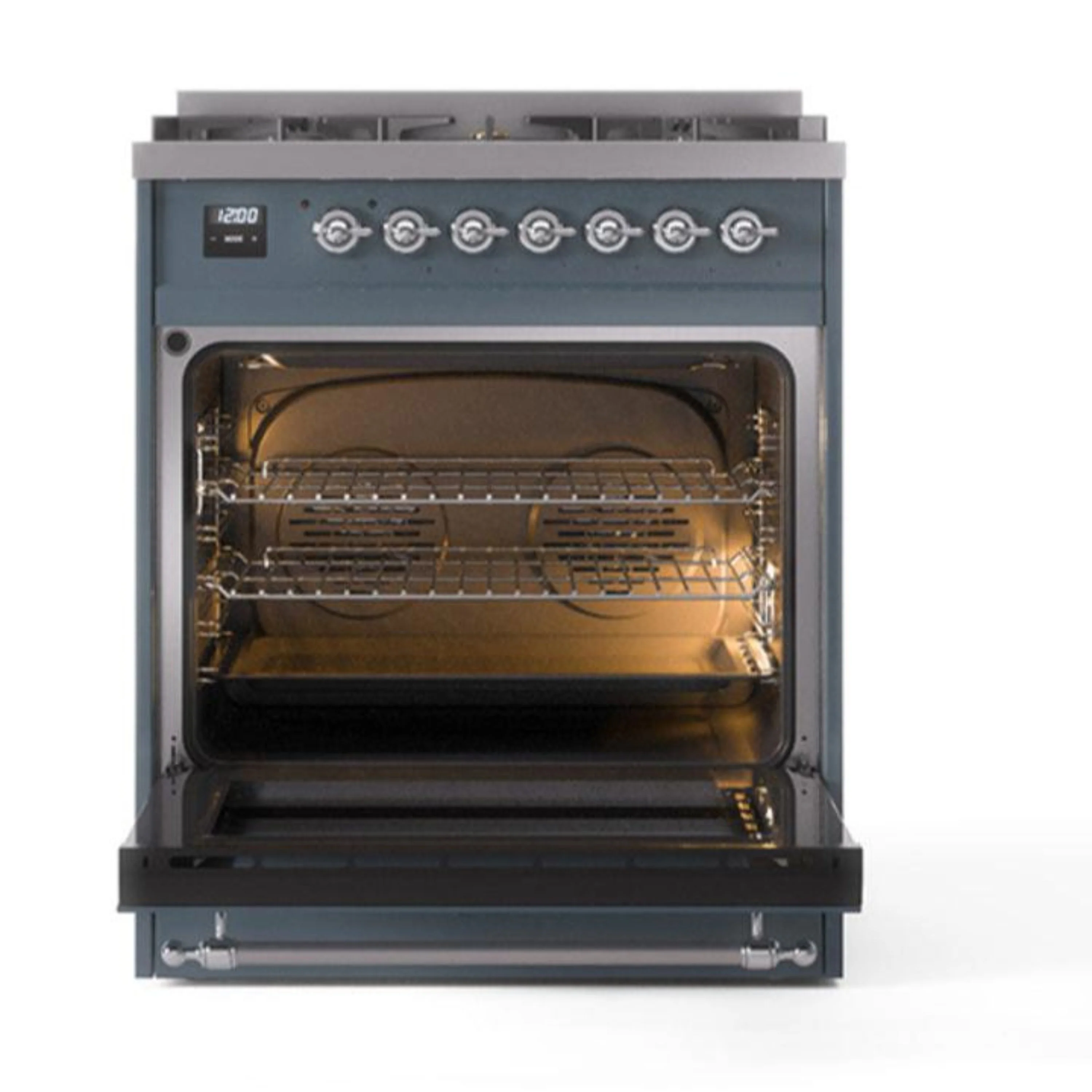 ILVE Nostalgie II 30-Inch Dual Fuel Range with Solid Door in Blue Grey with Chrome Trim (UP30QNMPBGC)