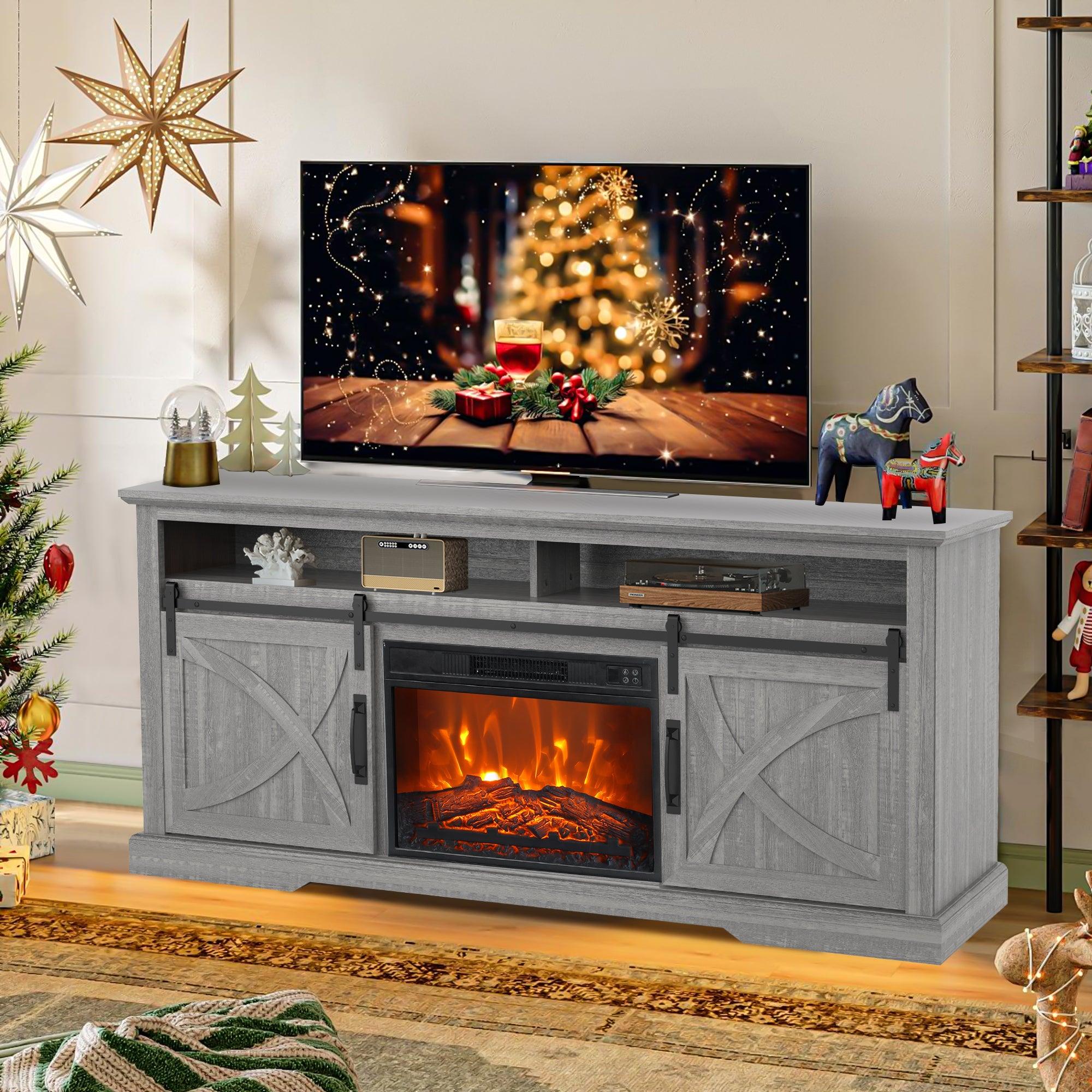 Parrot Uncle 68-Inch Farmhouse TV Stand with 23-Inch Insert Opening Electric Fireplace