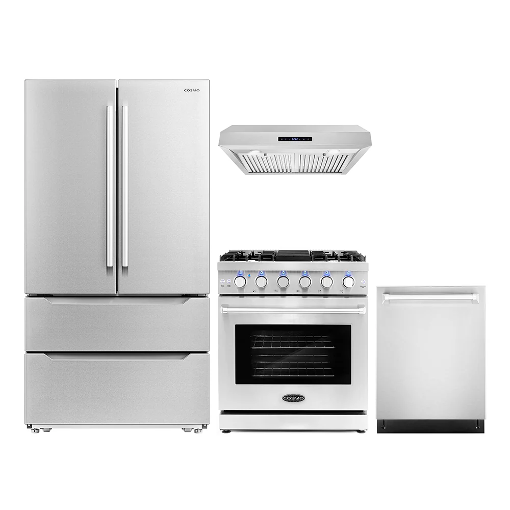 Cosmo 4-Piece Appliance Package - 30-Inch Gas Range, Under Cabinet Range Hood, Dishwasher and Refrigerator in Stainless Steel (COS-4PKG-255)