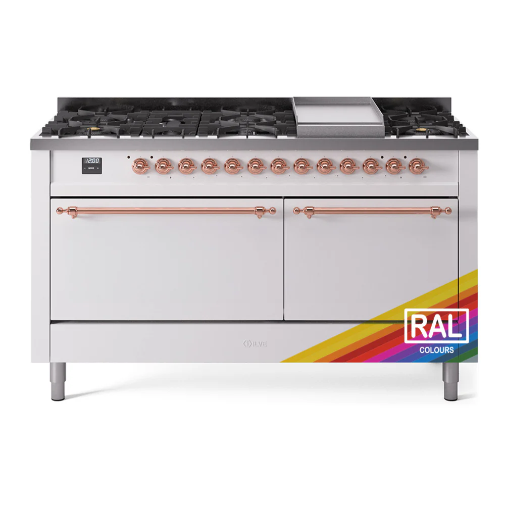 ILVE 60-Inch Nostalgie II Dual Fuel Range with 9 Burners, Griddle, and Solid Door Oven in Custom RAL with Copper Trim (UP60FQNMPRAP)