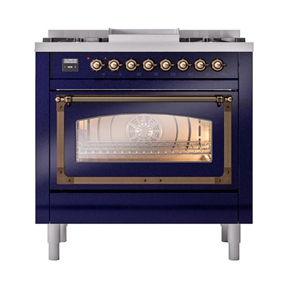 ILVE Nostalgie II Noblesse 36-Inch Dual Fuel Range and Triple Glass Door in Midnight Blue with Bronze Trim (UN36FNMPMBB)