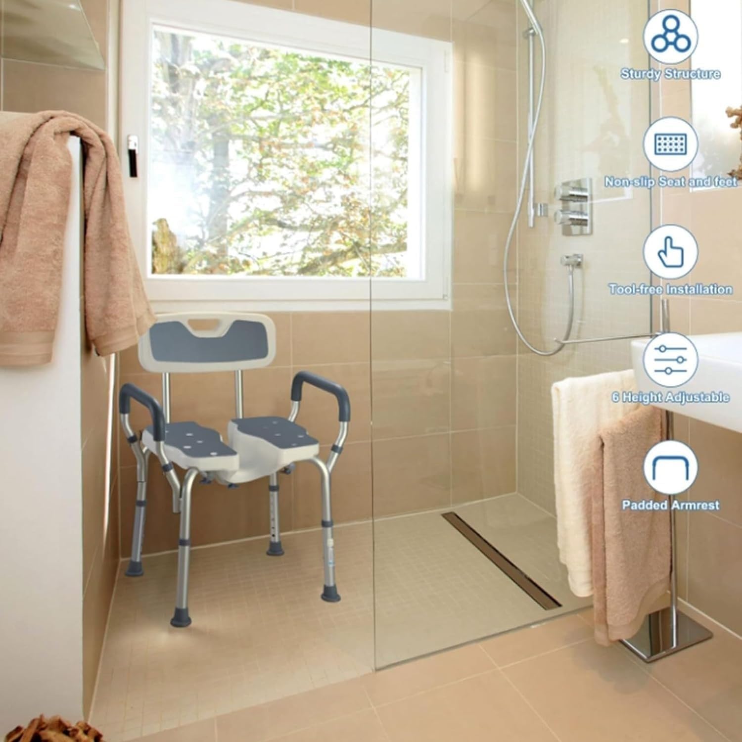 Swivel Shower Chair with Armrests and Backrest,Shower Stool for The Elderly and Disabled,Shower Bench Suitable for Indoor Showers Can Support Up to 396Lbs