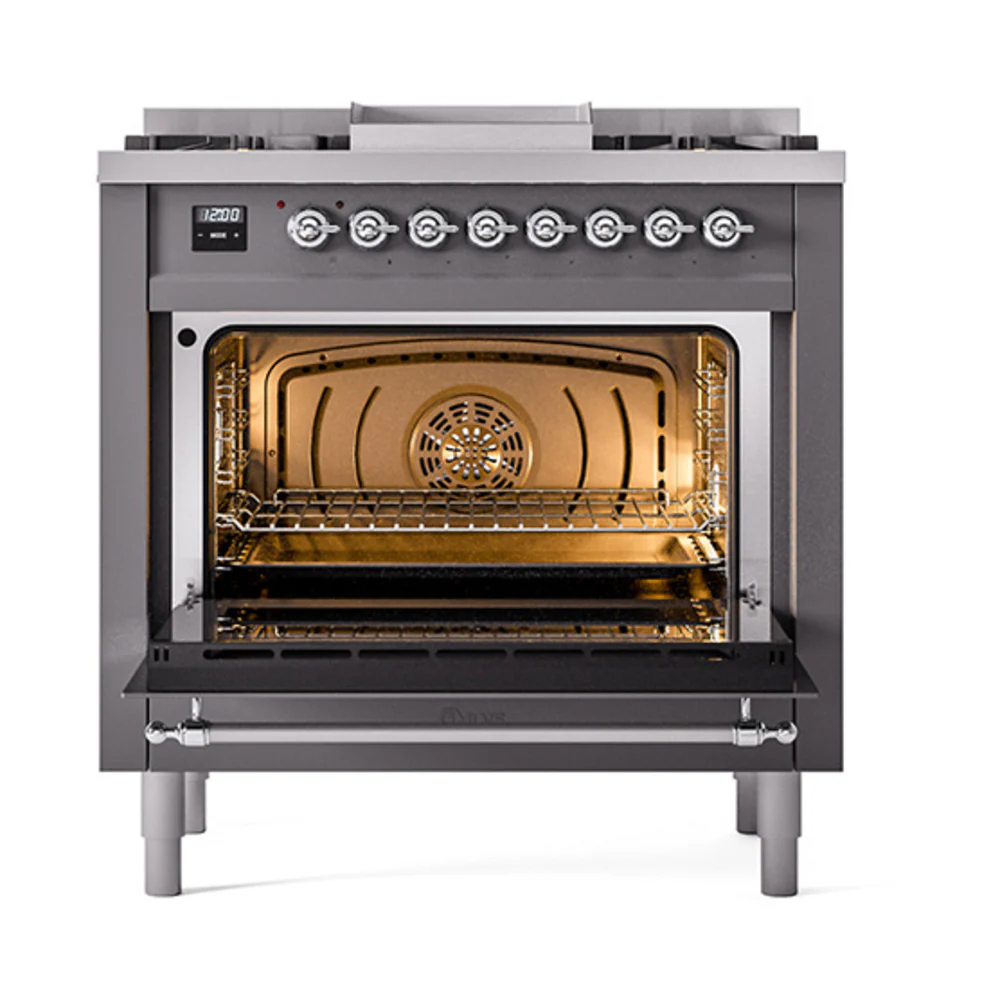 ILVE Nostalgie II Noblesse 36-Inch Dual Fuel Range and Solid Door Oven in Matte Graphite with Chrome Trim (UN36FQNMPMGC)