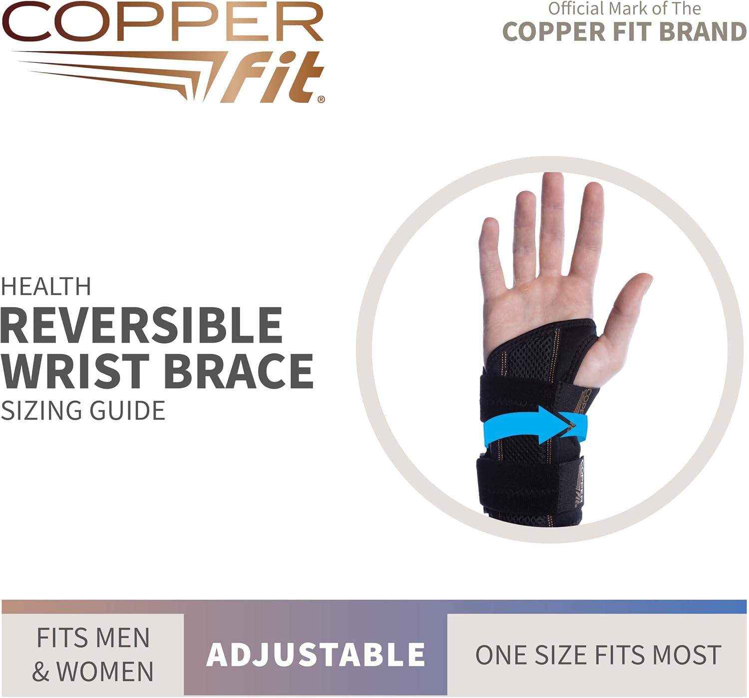 Copper Fit Health Unisex Reversible Wrist Brace with Stabilizer, Adjustable