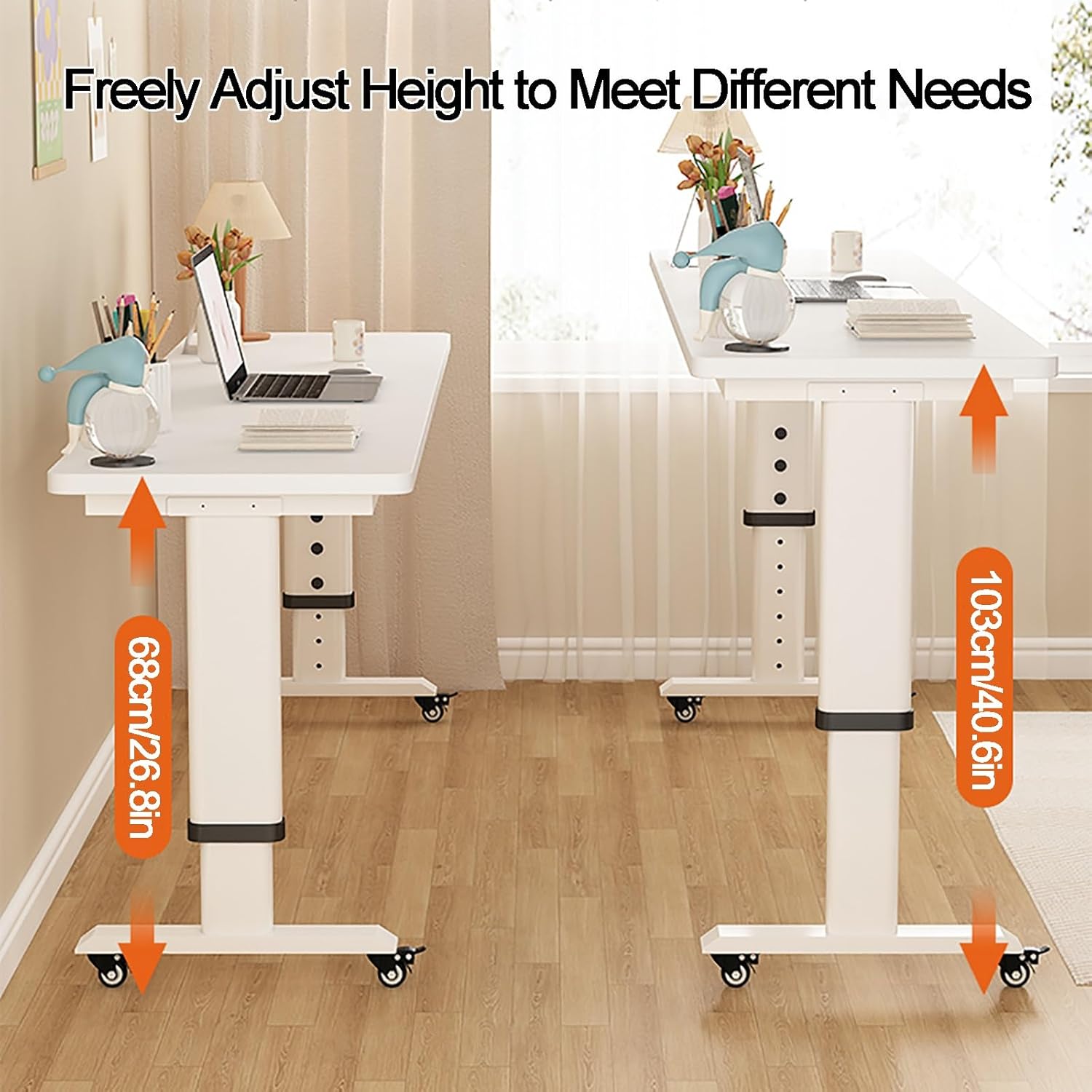 360°Swivel Overbed Table with Wheels,Adjustable Height Mobile Bed Desk,Heavy Duty Metal Leg Rolling Laptop Table for Hospital Home Use Standing Desk Compatible(120x50x68cm, Golden Oak)