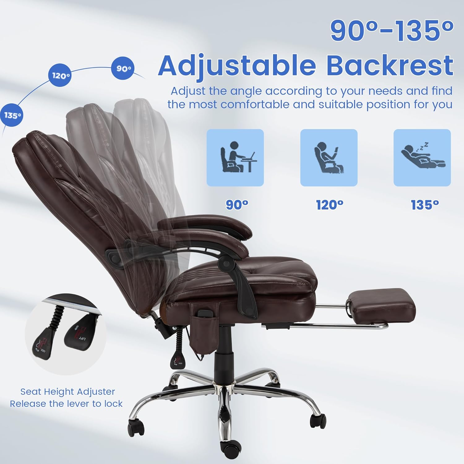 HOMREST 6-Point Massage Office Chair with Heat, 500lbs Big and Tall Executive Chair, Ergonomic Reclining Desk Chair with Footrest & Lumbar Support, Adjustable Armrest, PU Leather (Brown)