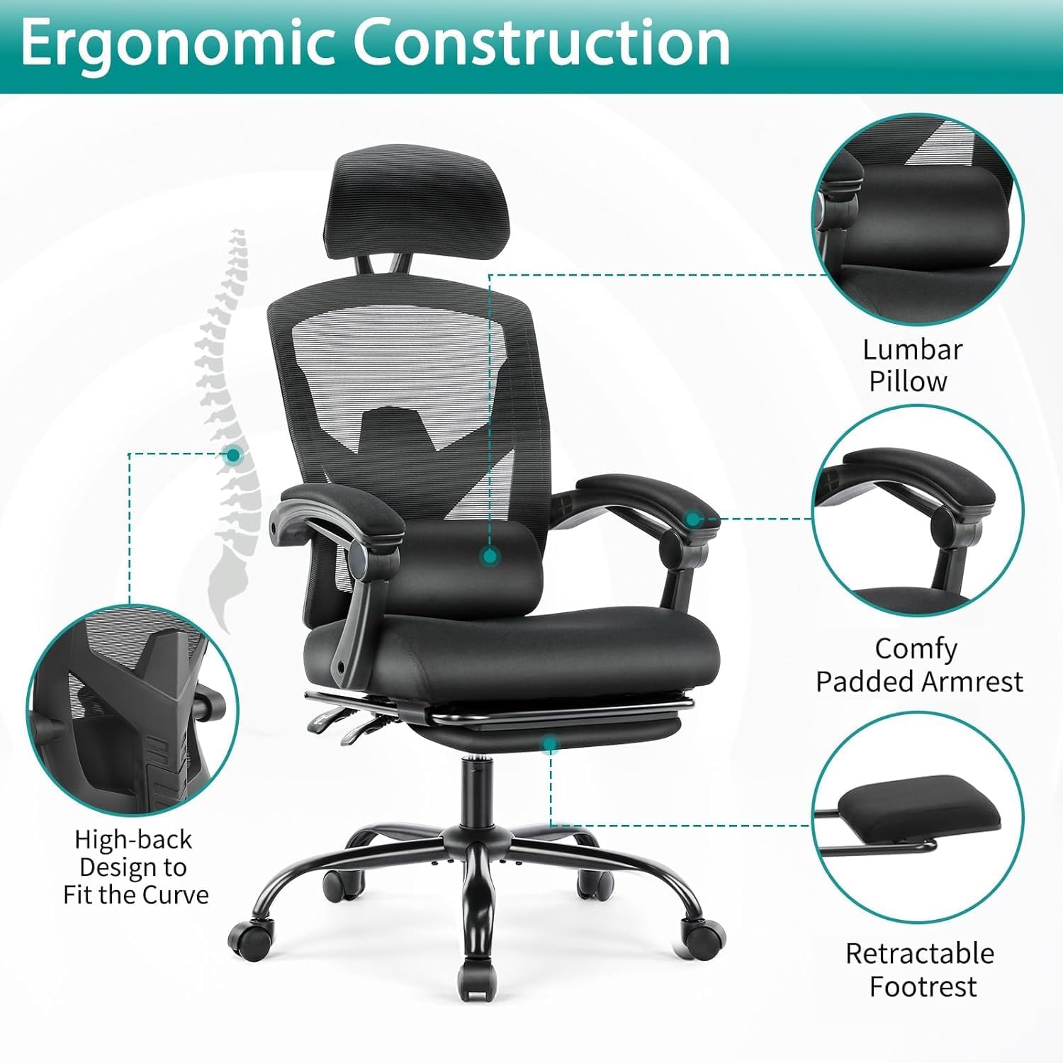 DUMOS Home Office Desk Chair with Footrest, High-Back Mesh Rolling Swivel Reclining Chairs with Wheels, Comfortable Headrest, Lumbar Support, Comfy Arms for Home, Office, Gaming, Student, Inky