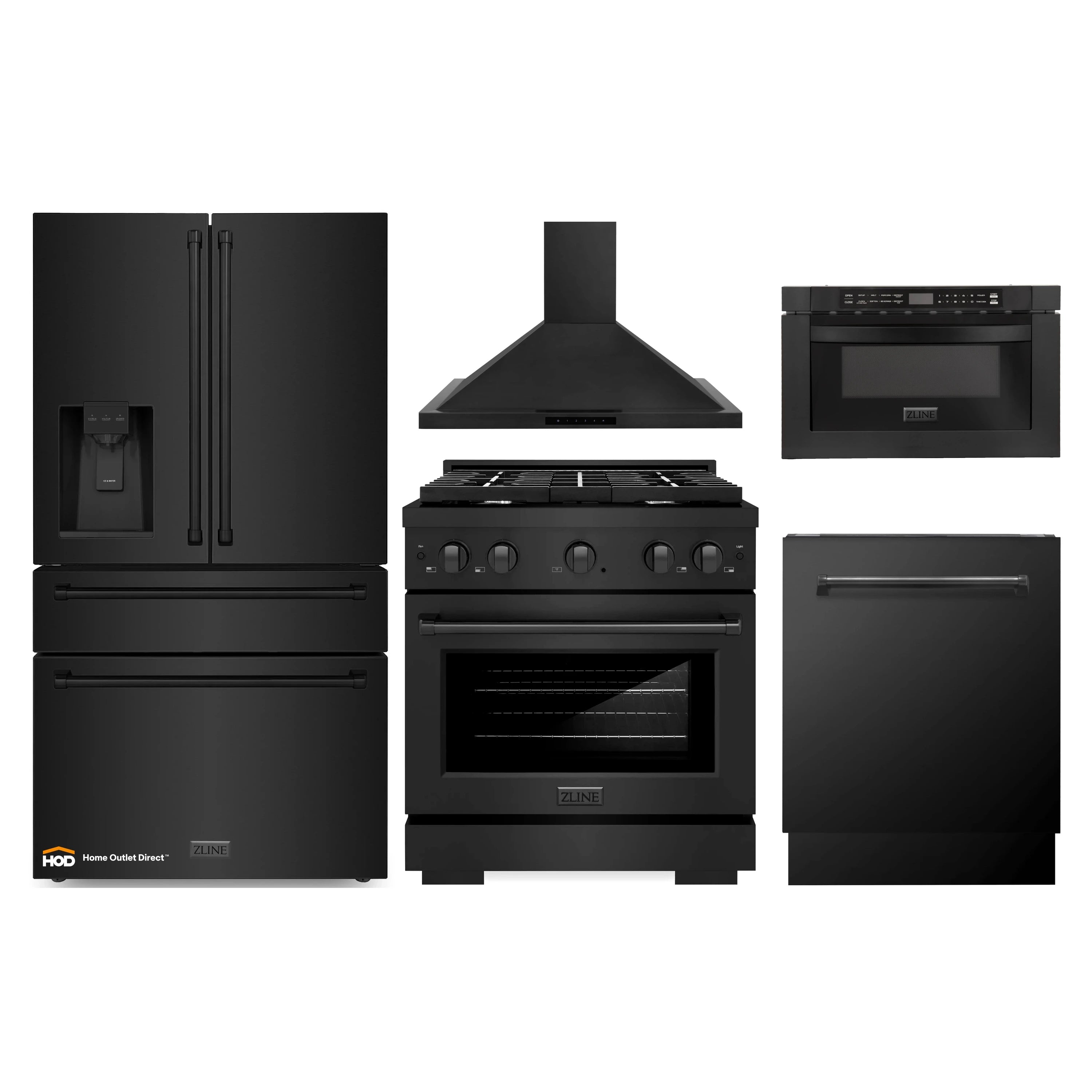 ZLINE 5-Piece Appliance Package - 30-Inch Gas Range, Refrigerator with Water Dispenser, Convertible Wall Mount Hood, Microwave Drawer, and 3-Rack Dishwasher in Black Stainless Steel (5KPRW-SGRBRH30-MWDWV)