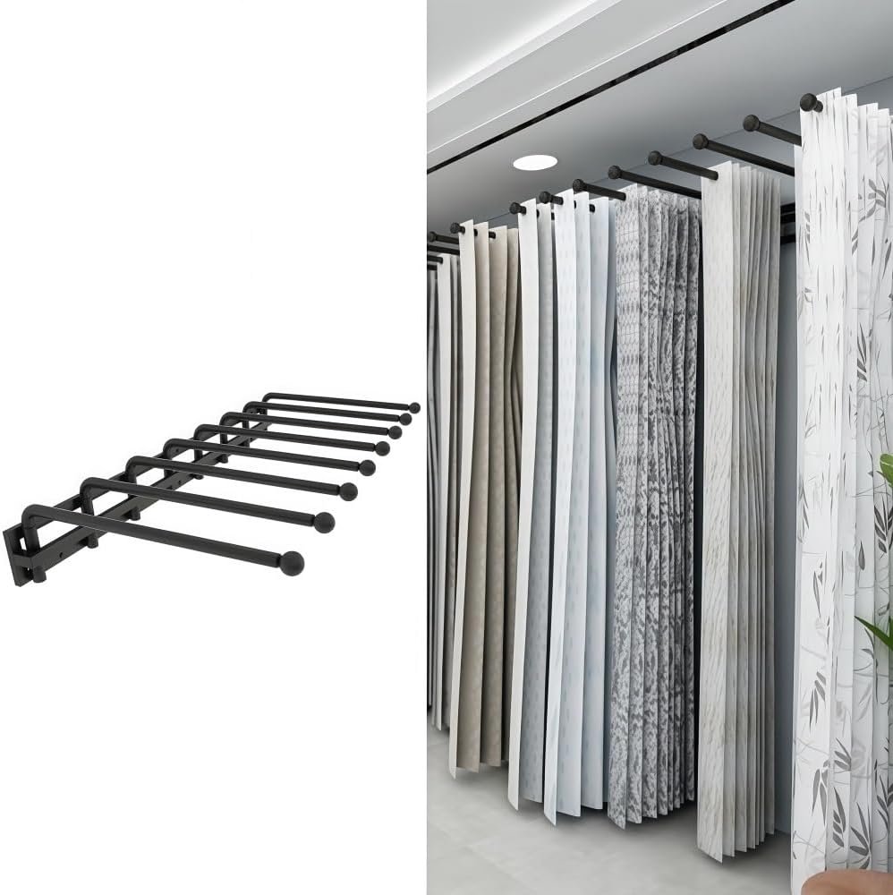 Wall-Mounted Metal Fabric Display Rack, Wall-Mounted Curtain Sample Hanger with 180° Swivel Arms for Drapes, Leather, and Textile Swatches Display(Black,47.2