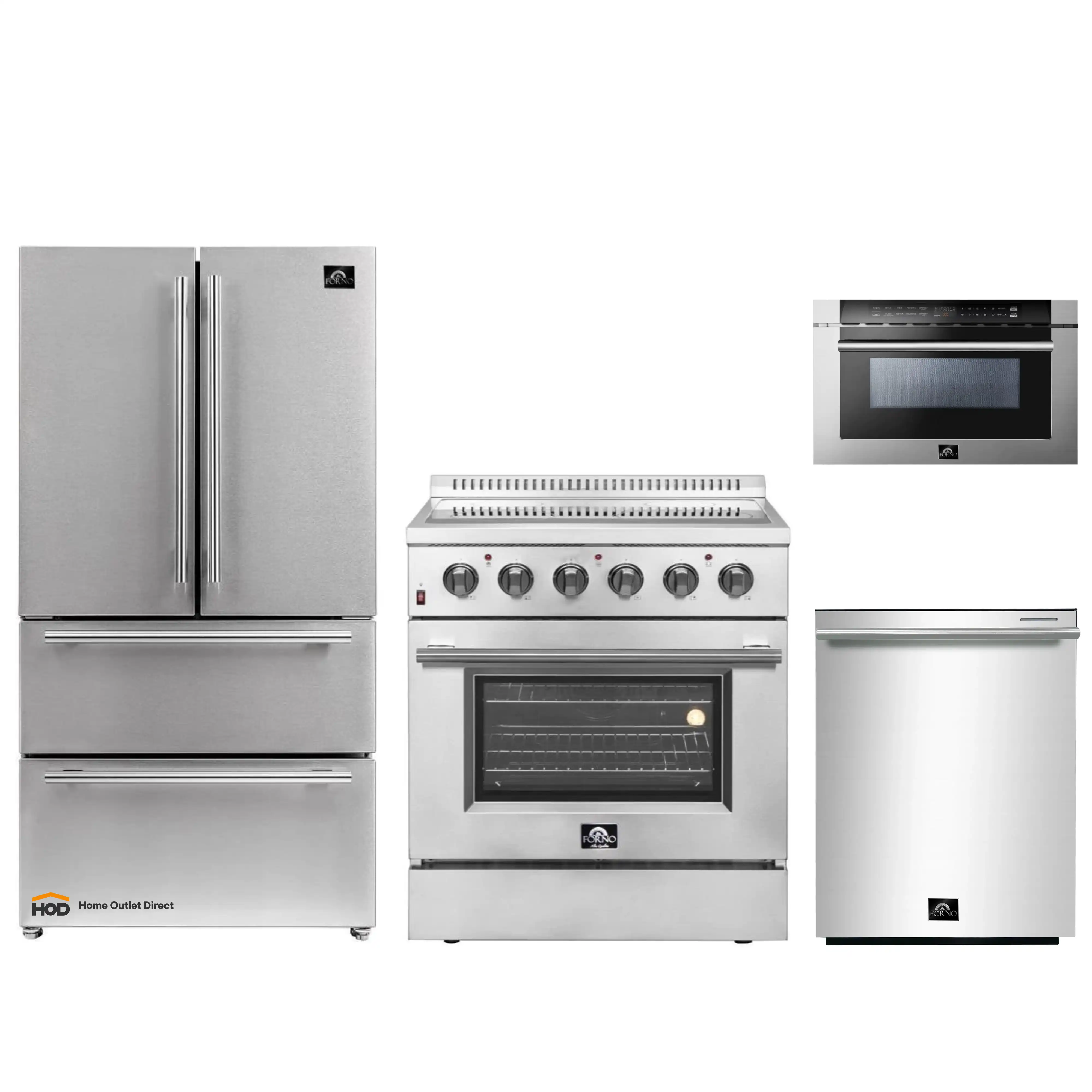 Forno 4-Piece Appliance Package - 30-Inch Electric Range, French Door Refrigerator, Dishwasher, and 24-Inch Microwave Drawer in Stainless Steel