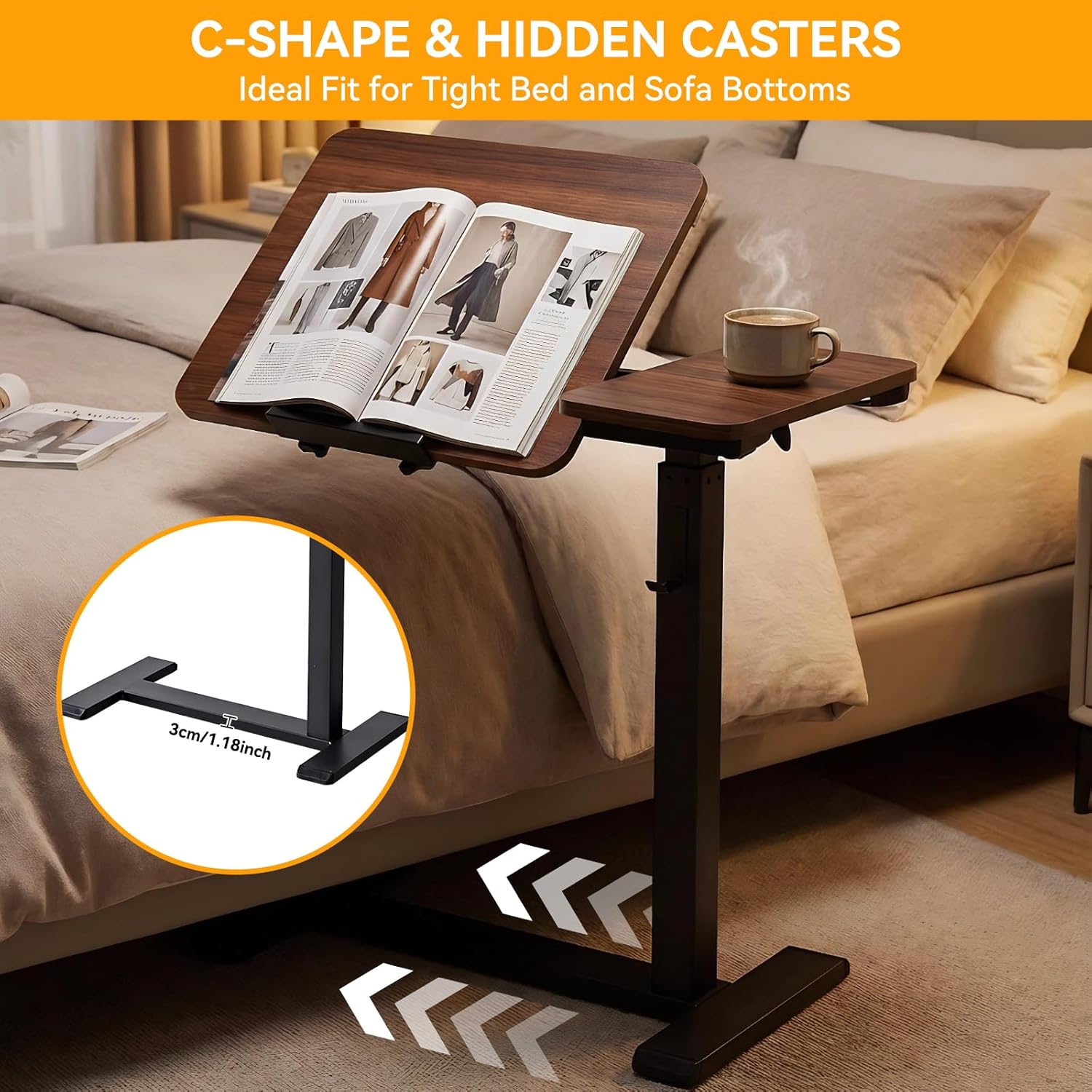 Overbed Bedside Table Adjustable with Wheels, Mobile Standing Stand Up Rolling Laptop PC Desks with Tilting Top Height Tray Side Computer Workstation for Bedroom on Hospital Home Use, Black