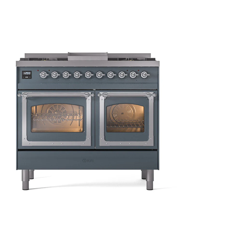 ILVE 40-Inch Nostalgie II Noblesse Dual Fuel Range with Triple Glass Door Oven in Blue Grey with Chrome Trim (UND40FNMPBGC)