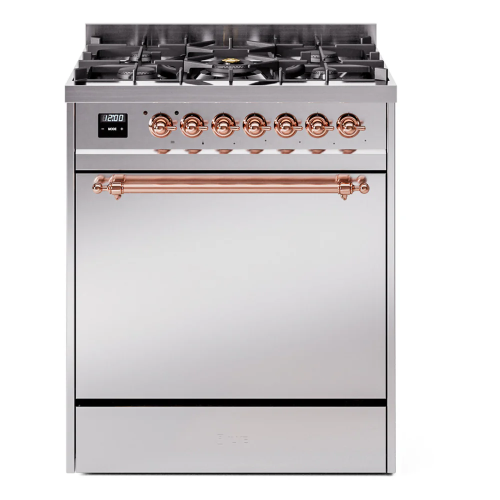 ILVE Nostalgie II 30-Inch Dual Fuel Range with Solid Door in Stainless Steel with Copper Trim (UP30QNMPSSP)