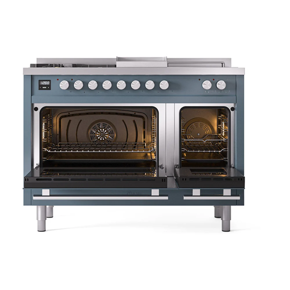 ILVE Professional Plus II 48-inch Dual Fuel Range with 5 Burners, Griddle, & French Top with Solid Door Oven in Blue Grey (UP48FSQMPBG)