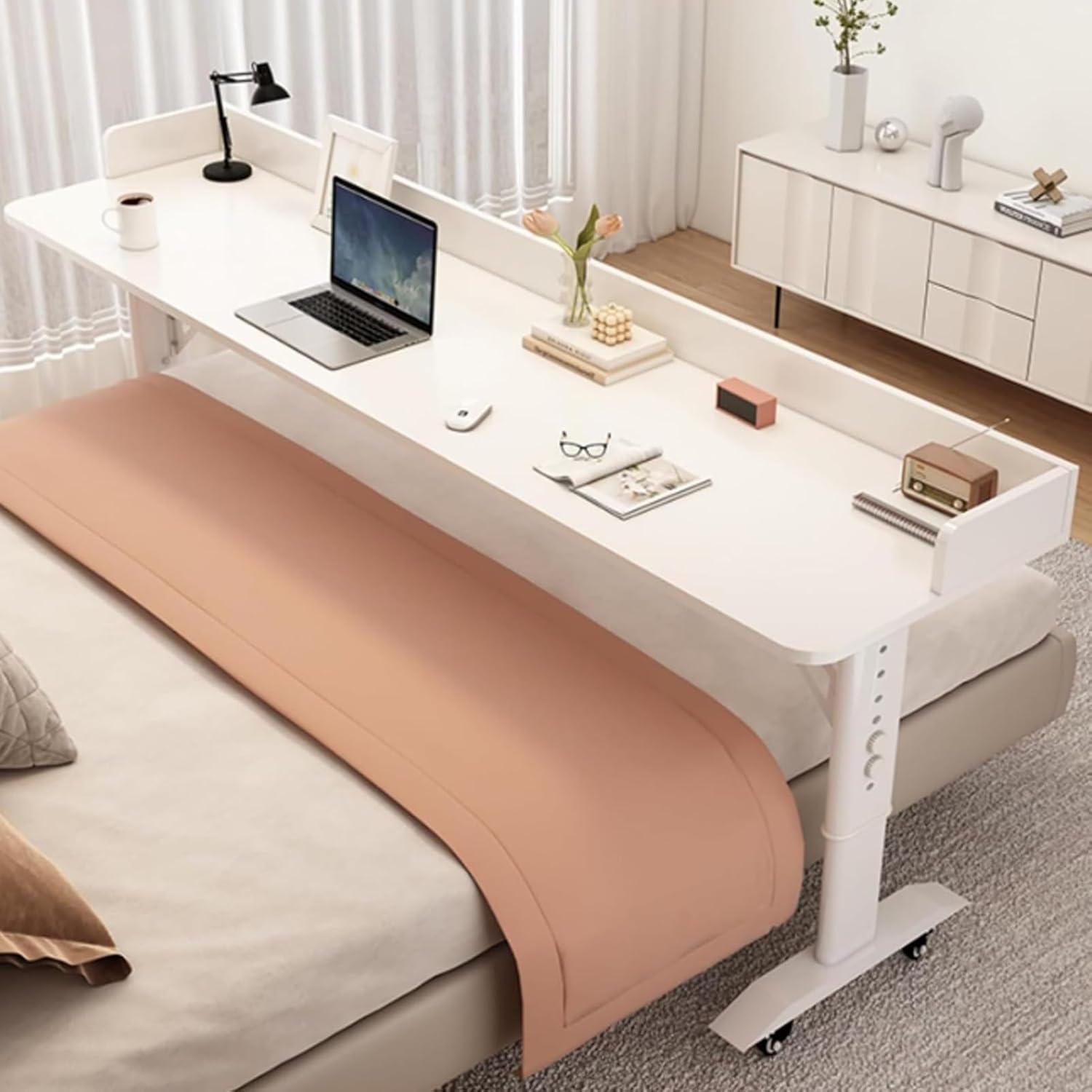 Adjustable Overbed Table with Wheels, Adjustable Height Rolling Tables, Laptop Desk Over Bed Tables with Baffle, Bed Desk for Hospital and Home Use(White,180x50cm/70.8x19.6in)