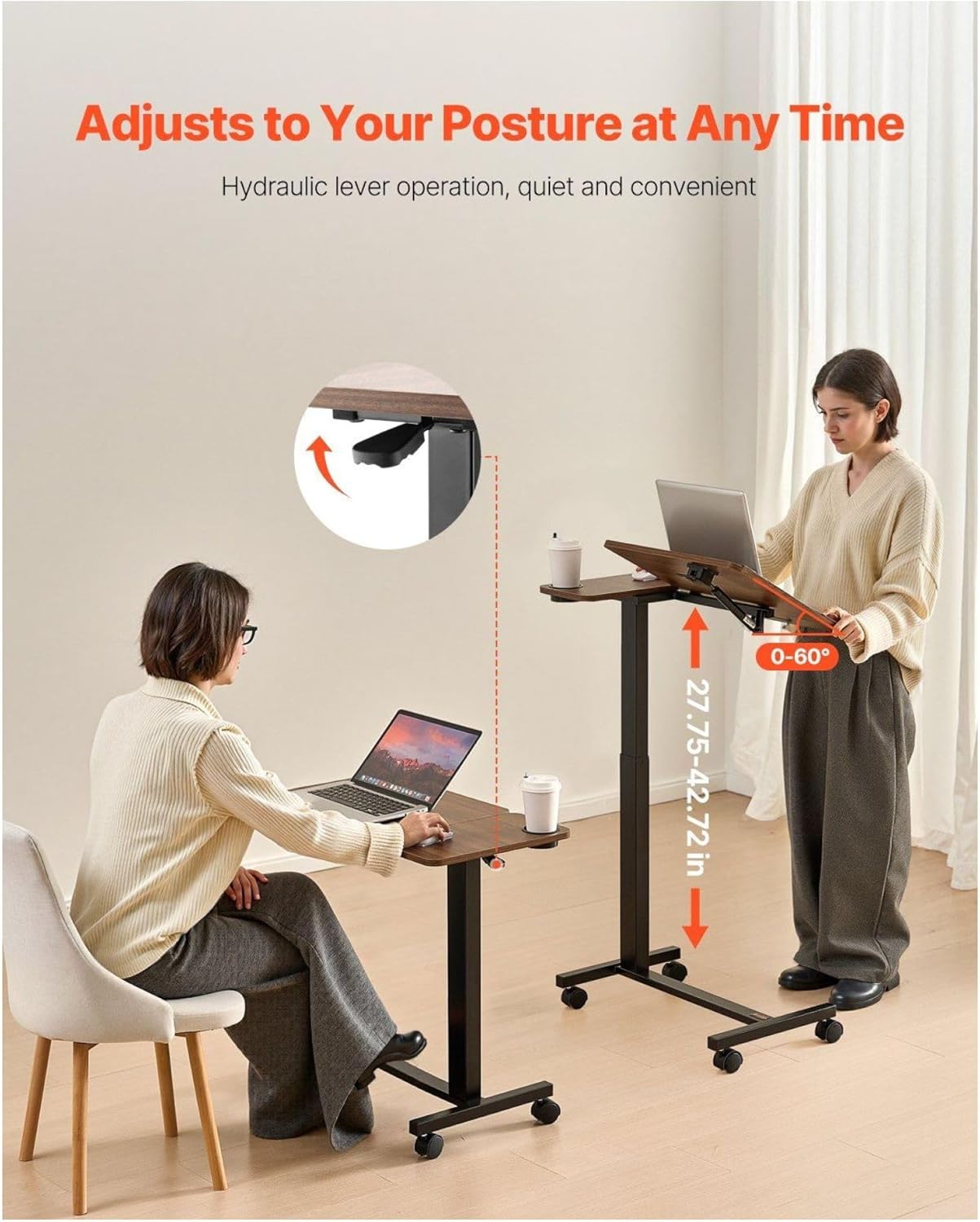 Overbed Table, Mobile Bedside Table with Wheels - Adjustable Height & Tilt Laptop Desk, Rolling Over Bed Table with Cup Holder for Home Office Study - Wood & Black