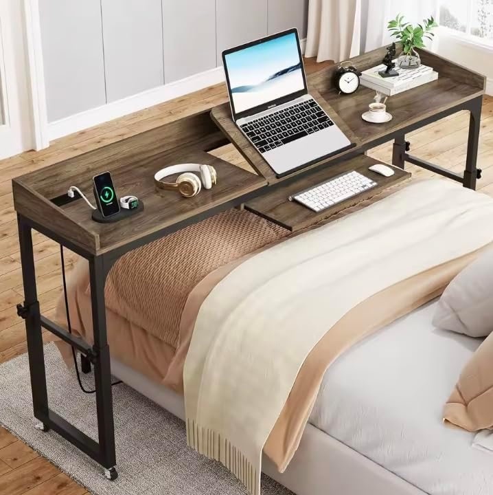 Height Adjustable Overbed Table with Wheels, Mobile Laptop Cart Computer Desk for Queen Size Bed
