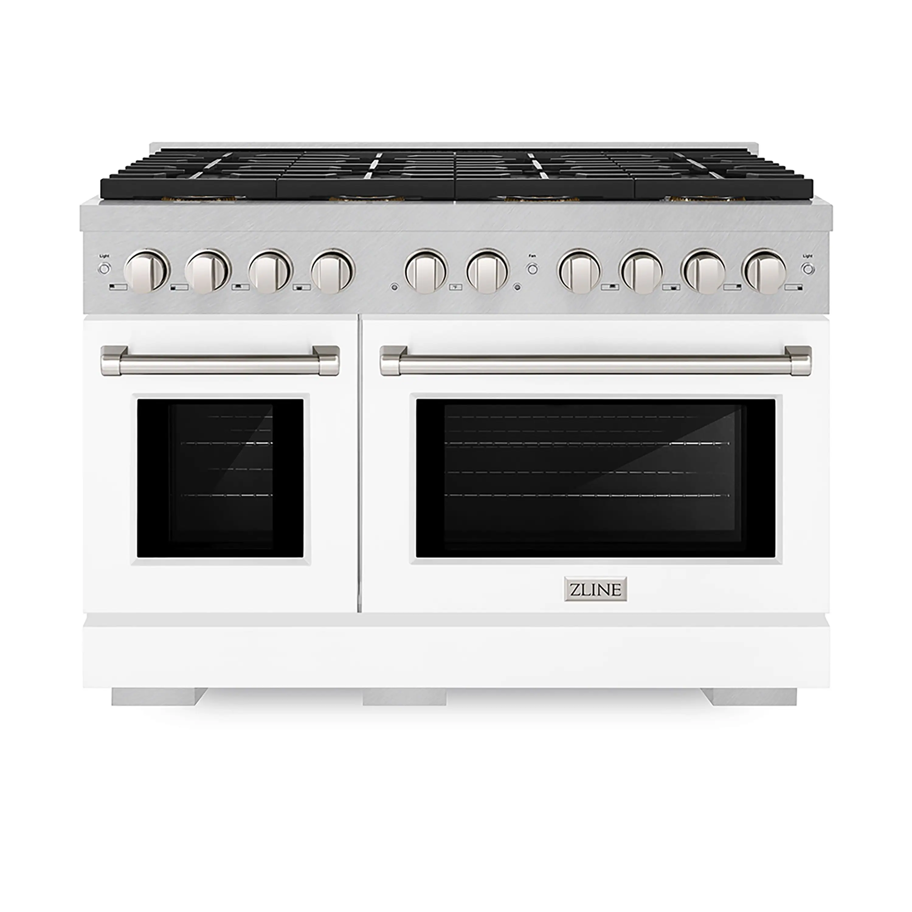 ZLINE 48-Inch 6.7 cu. ft. Paramount Gas Range with 8 Burner DuoPro鈩?Cooktop and Dual Ovens in Satin Stainless Steel with White Matte Doors (PSGRS-WM-48)