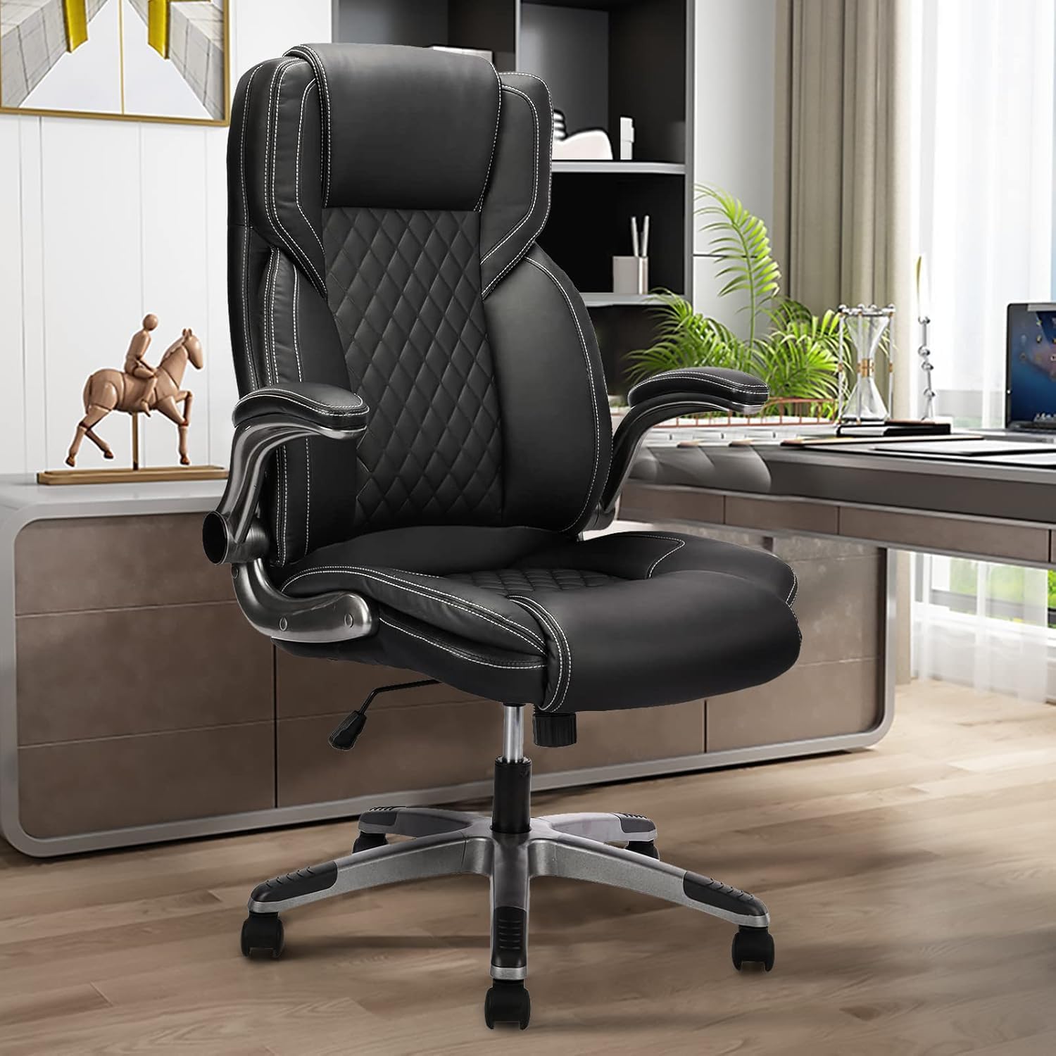 Executive PU Leather Office Chair with Wheels, High Back Ergonomic Lumbar Support Office Chairs, 90-120° Rocking Home Desk Chair with Flip up Arms, Back Support Swivel Chair(Black)