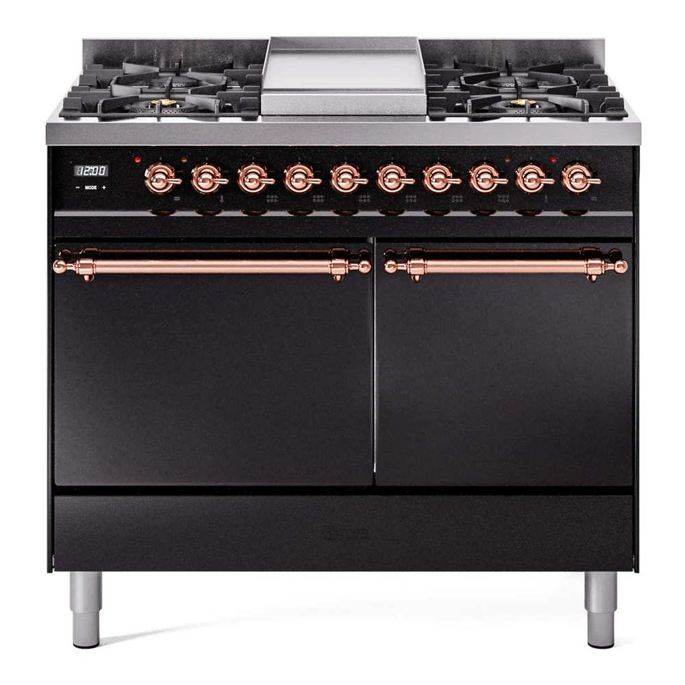 ILVE 40-Inch Nostalgie II Dual Fuel Range with 6 Burners, Griddle and Solid Door Oven in Glossy Black with Copper Trim (UPD40FQNMPBKP)