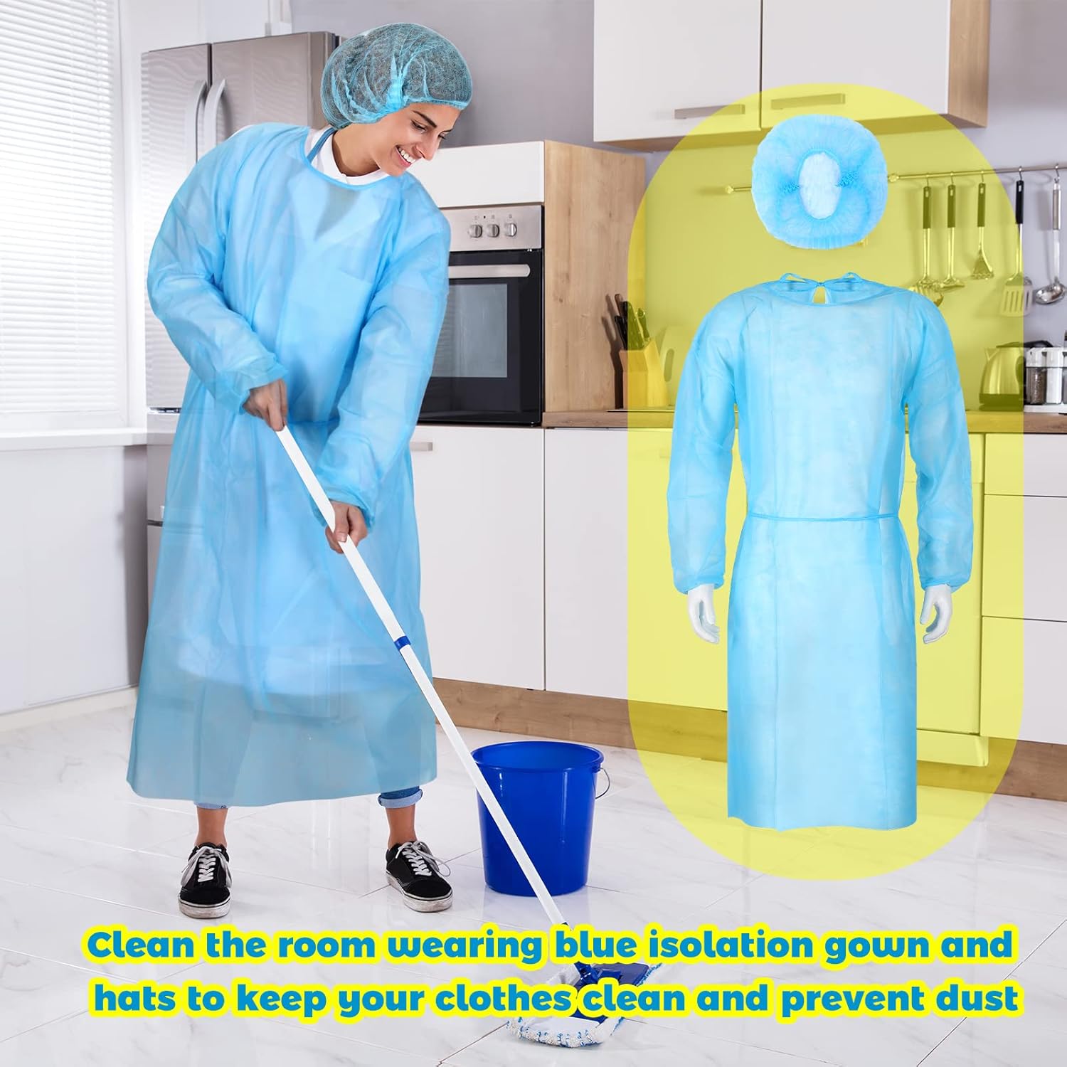 Xuhal Disposable Isolation Gowns Set PPE Gowns Disposable and Non Woven Bouffant Caps with Elastic Cuffs for Labs Home Isolation Beauty Agencies Food Service, Unisex Adult (Blue,300 Set)