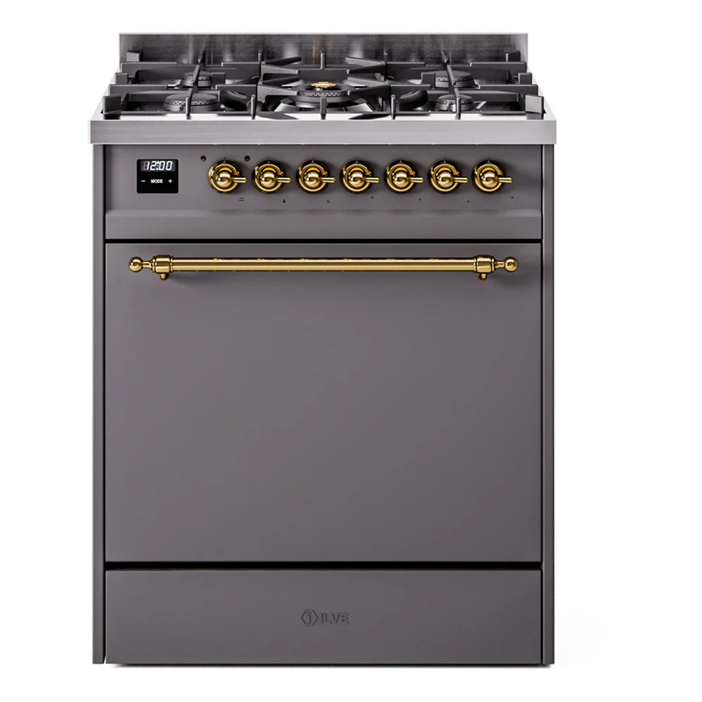 ILVE Nostalgie II 30-Inch Dual Fuel Range with Solid Door in Matte Graphite with Brass Trim (UP30QNMPMGG)