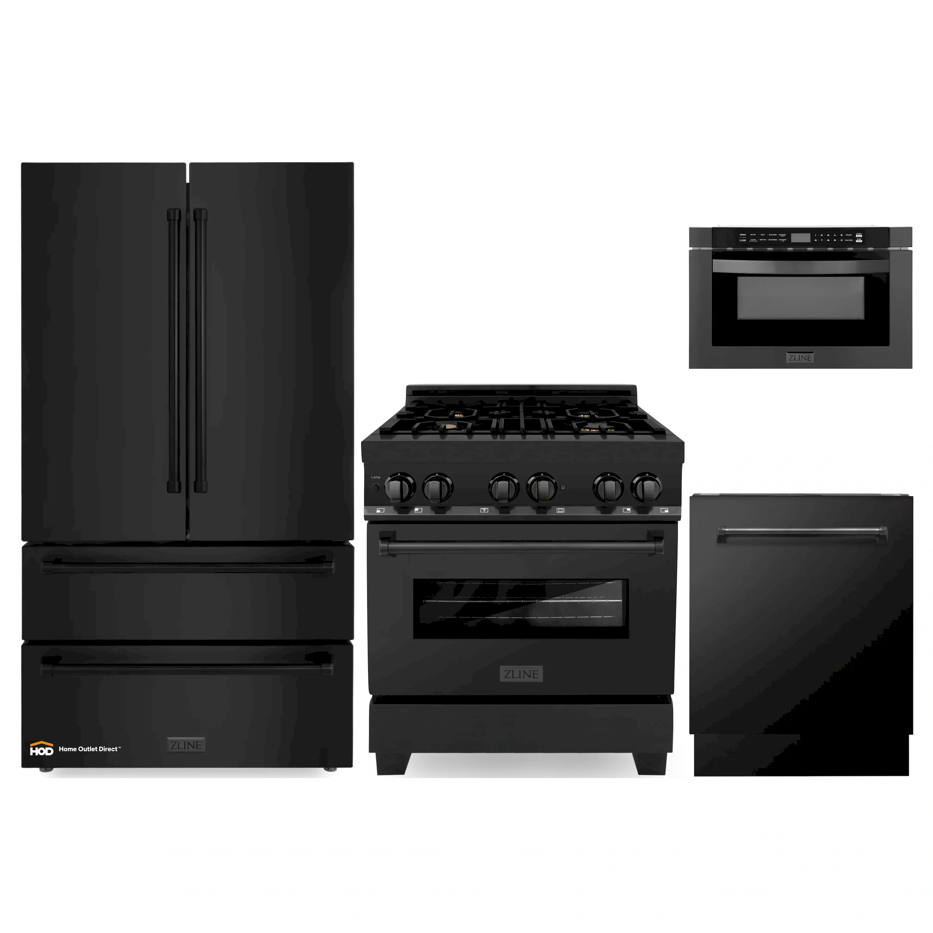ZLINE 4-Piece Appliance Package - 30-Inch Dual Fuel Range with Brass Burners, Refrigerator, Microwave Drawer, and 3-Rack Dishwasher in Black Stainless Steel