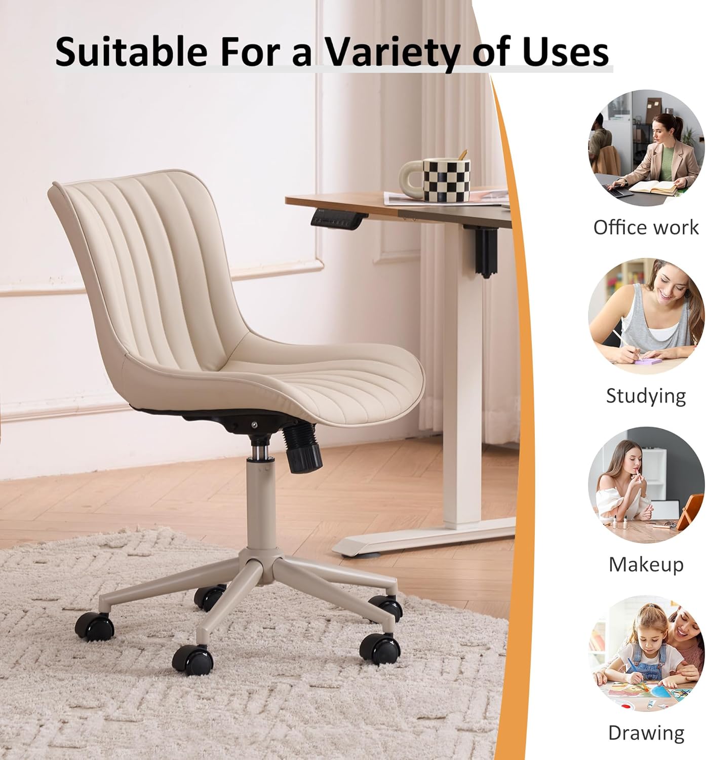 YOUNIKE Cream Home Office Desk Chair with Wheels Armless Compact Comfy Vanity Chair with Adjustable Back Modern Small Leather Upholstered Rolling Swivel Cute Computer Task Sewing Chair No Arms