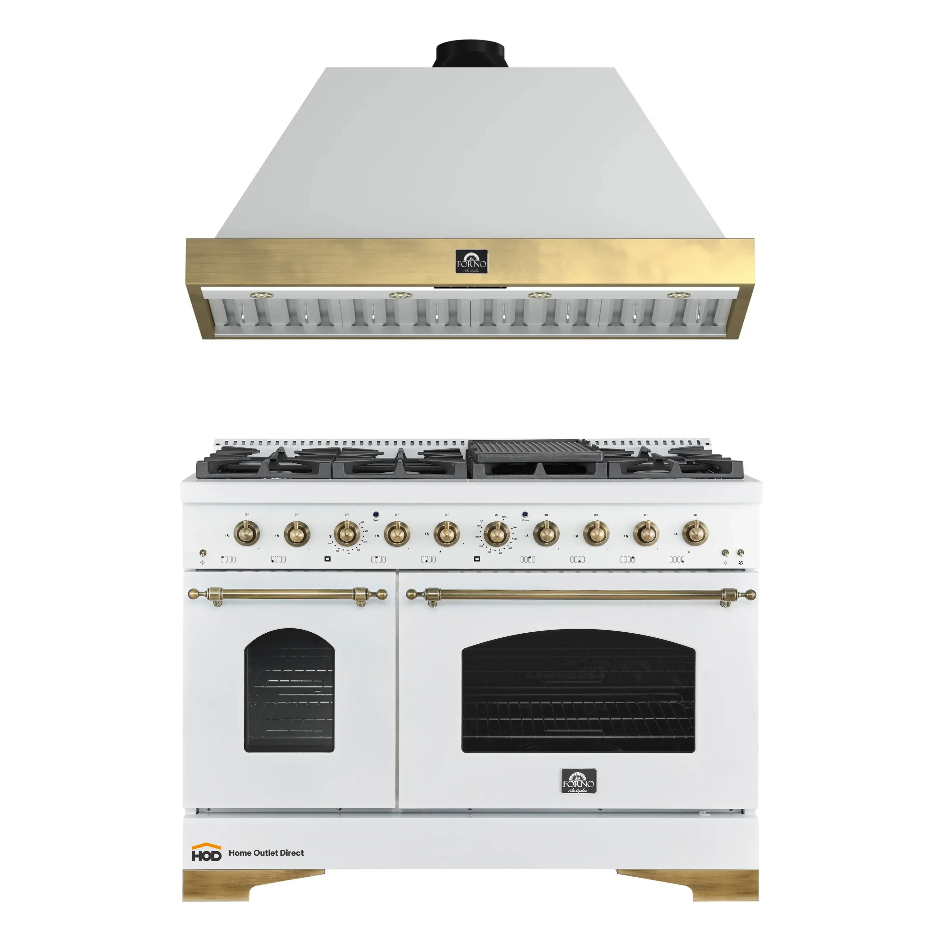 Forno Antico 2-Piece Appliance Package - 48-Inch Gas Range & 48-Inch Wall Mount Range Hood in White with Antique Brass Trim
