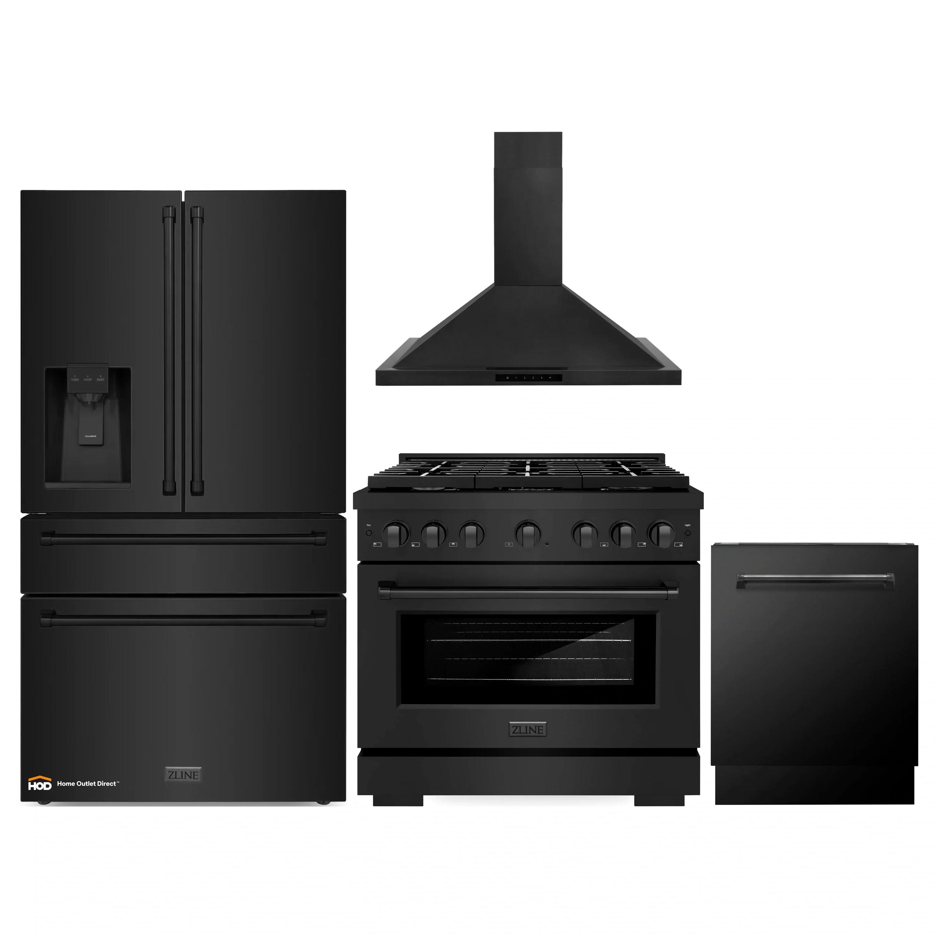 ZLINE 4-Piece Appliance Package - 36-Inch Gas Range, Refrigerator with Water Dispenser, Convertible Wall Mount Hood, and 3-Rack Dishwasher in Black Stainless Steel (4KPRW-SGRBRH36-DWV)