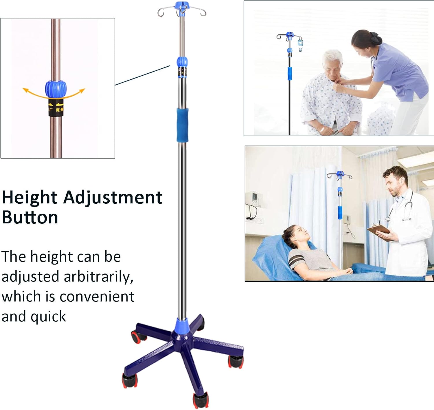 Adjustable Medical Infusion Stand with 4 Hooks - Drip Holder Pole for Hospital & Clinic Use, Height Adjustable IV Stand for Efficient Fluid Delivery