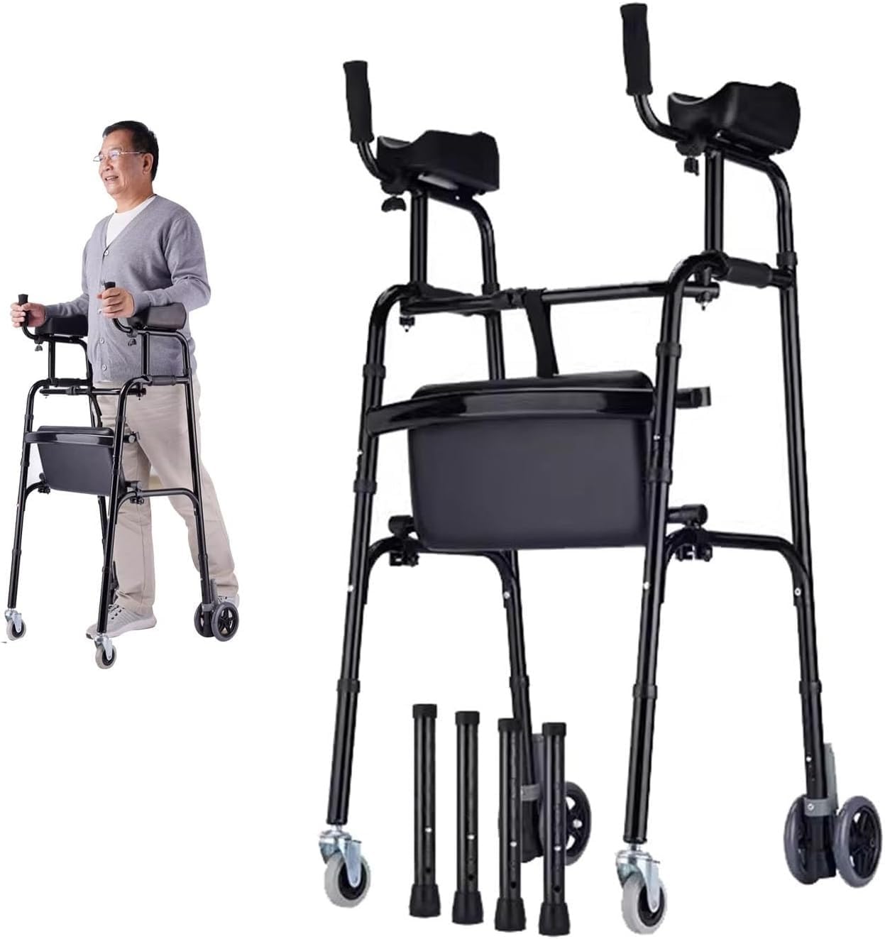 Platform Walker Foldable Standard Walker with Wheels and Removable Padded Armrests Lightweight Aluminum Alloy Rehabilitation Auxiliary Walker with Arm Support for Senior