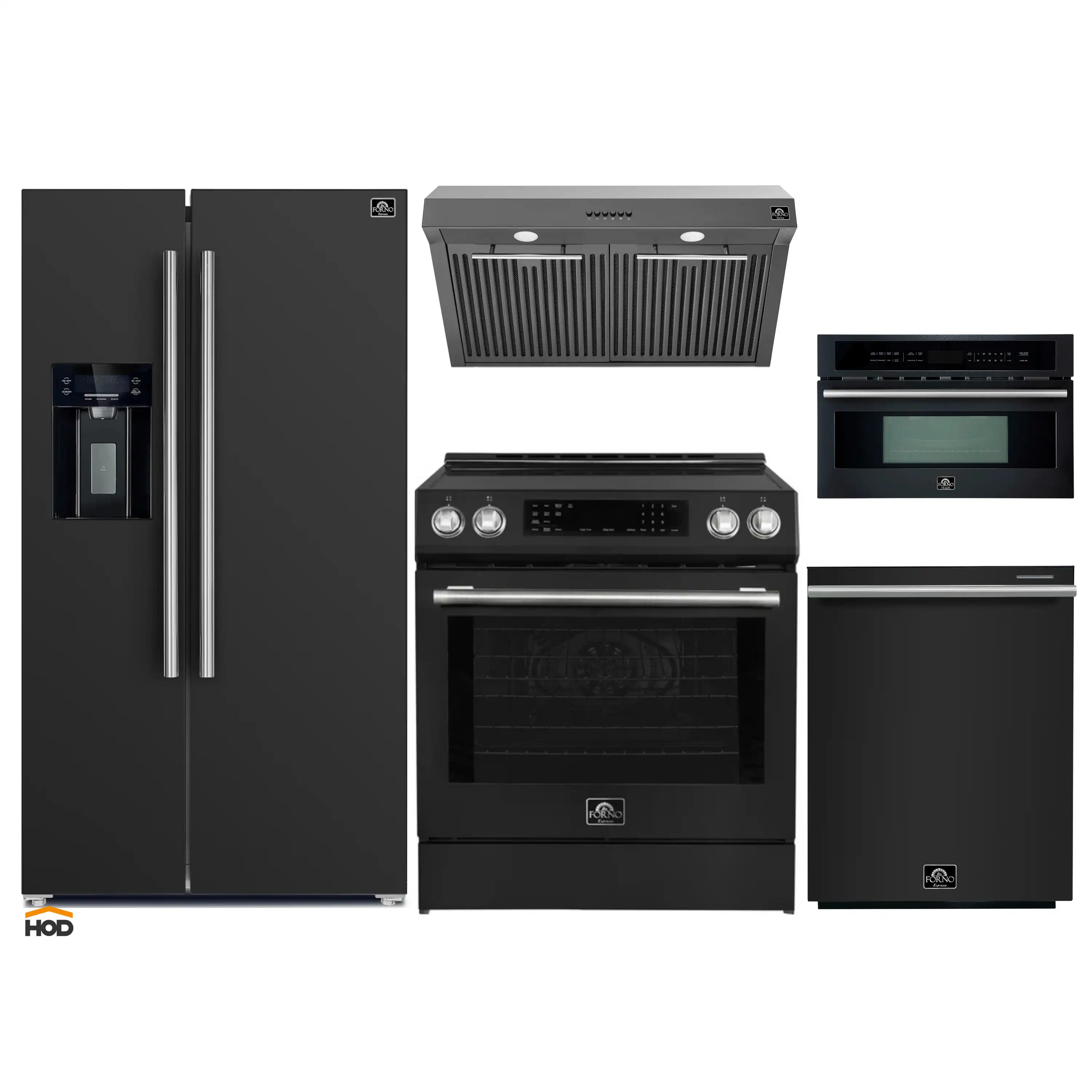 Forno 5-Piece Appliance Package - 30-Inch Induction Range, Under Cabinet Range Hood, Refrigerator with Water Dispenser, Dishwasher, and 30-Inch Microwave Oven in Black with Stainless Steel Trim
