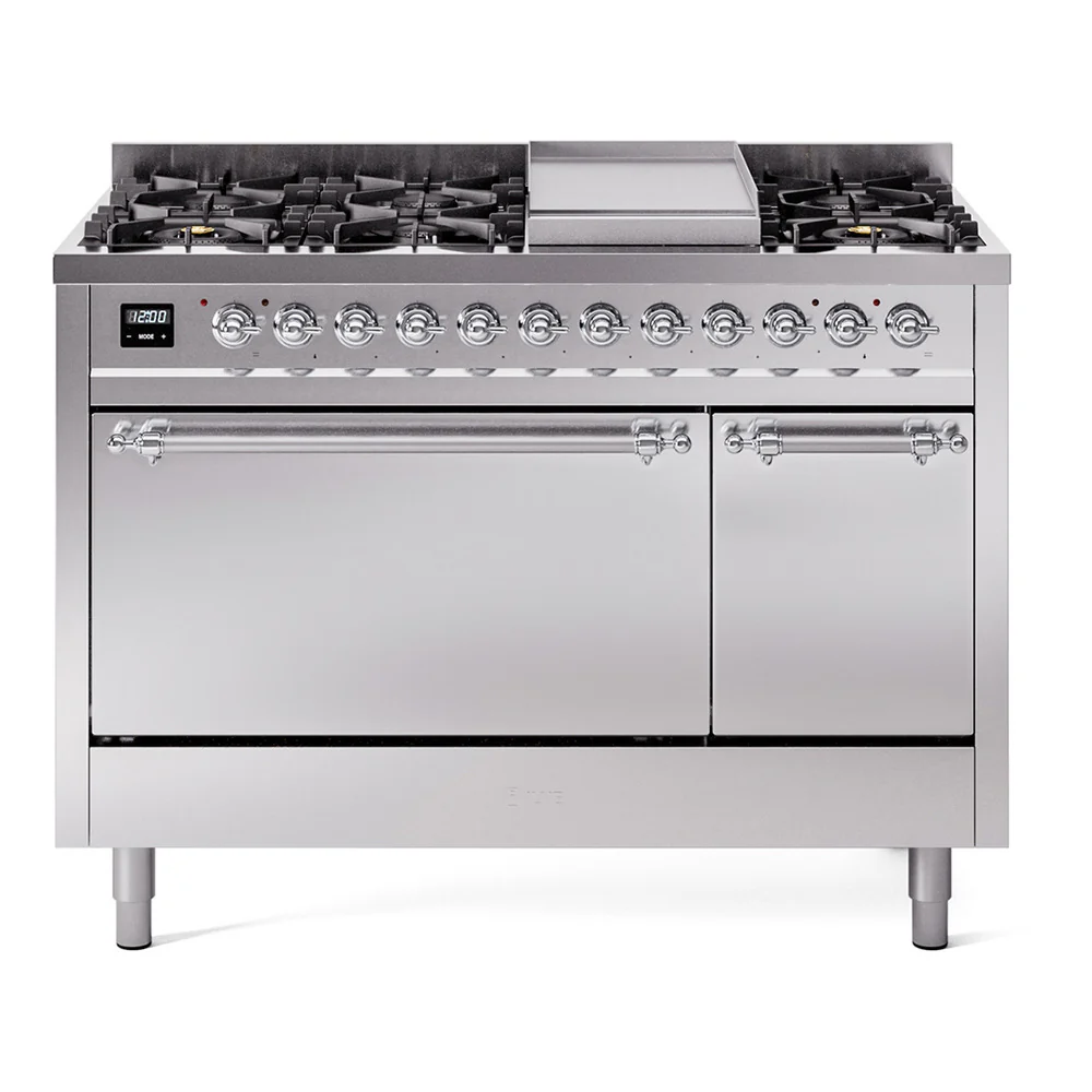 ILVE 48-Inch Nostalgie II Dual Fuel Range with 8 Burners, Griddle, and Solid Door Oven in Stainless Steel with Chrome Trim (UP48FQNMPSSC)