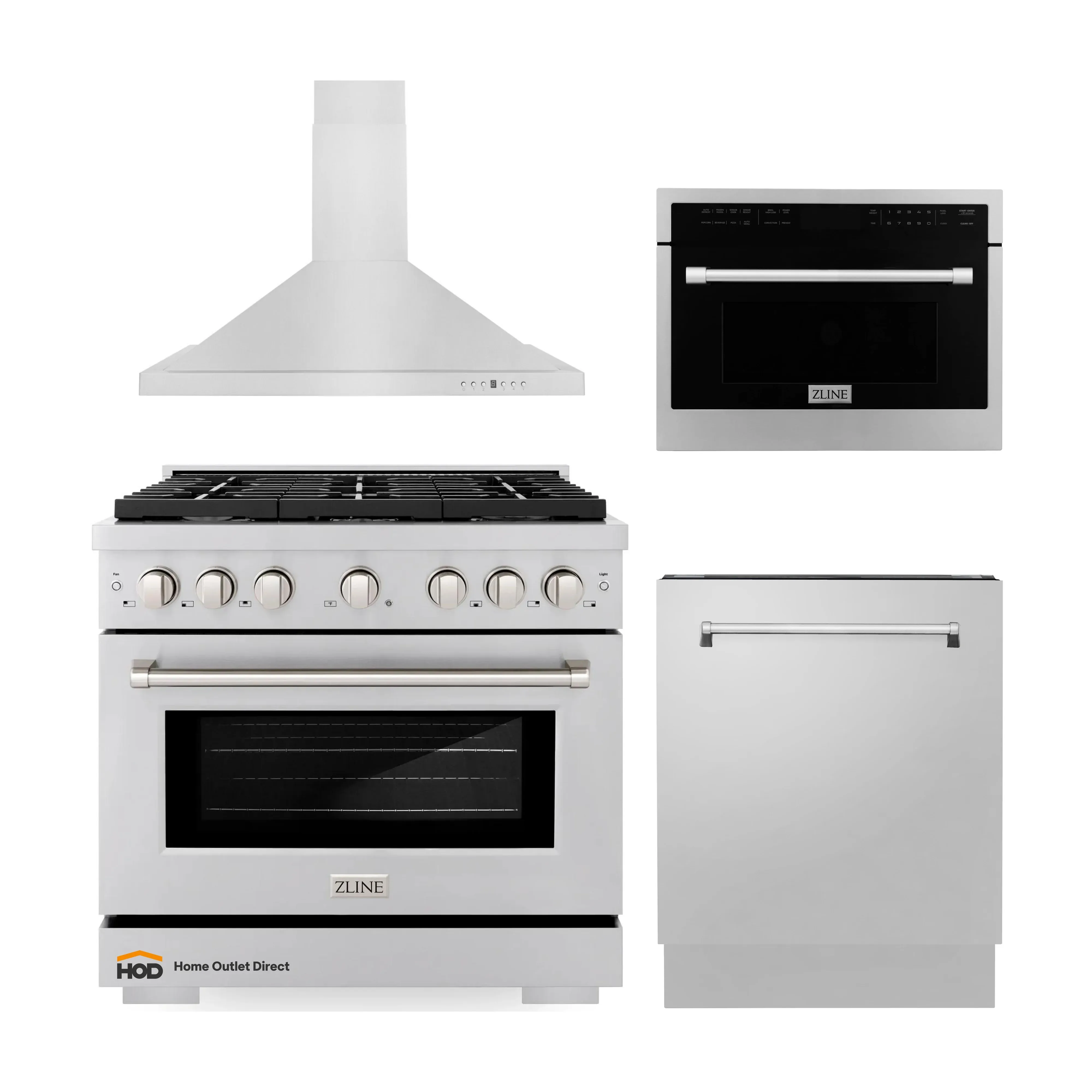 ZLINE 4-Piece Appliance Package - 36-Inch Gas Range, Tall Tub Dishwasher, Microwave Oven & Premium Hood (4KP-SGRRH36-MODWV)