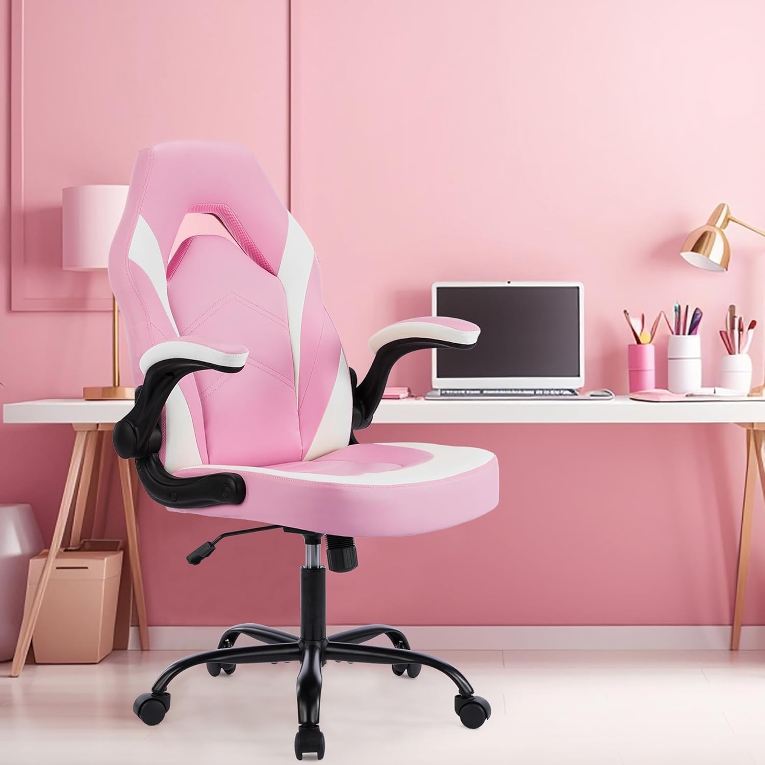 OLIXIS Computer Gaming Desk Chair - Big and Tall Ergonomic Lumbar Support with Flip-up Armrest and 360° Swivel Wheels, PU Leather Height Adjustable, for Home and Office, Pink