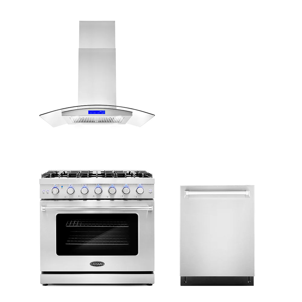 Cosmo 3 - Piece Appliance Package - 36-Inch Gas Range, 36-Inch Island Range Hood and 24-Inch Dishwasher (COS-3PKG-042)