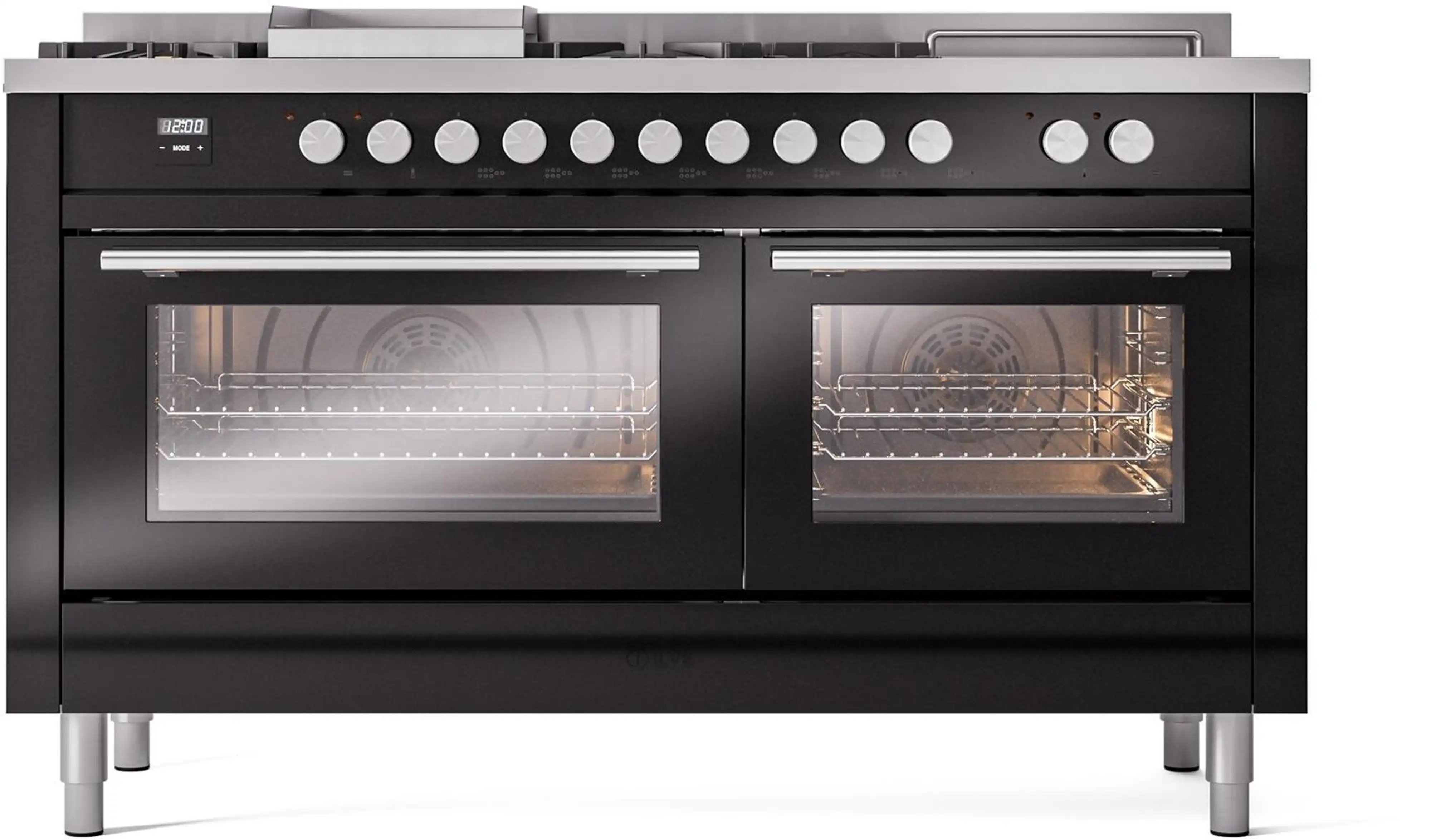 ILVE Professional Plus II 60-Inch Dual Fuel Range with 7 Burners, Griddle, & French Top with Triple Glass Door Oven in Glossy Black (UP60FSWMPBK)