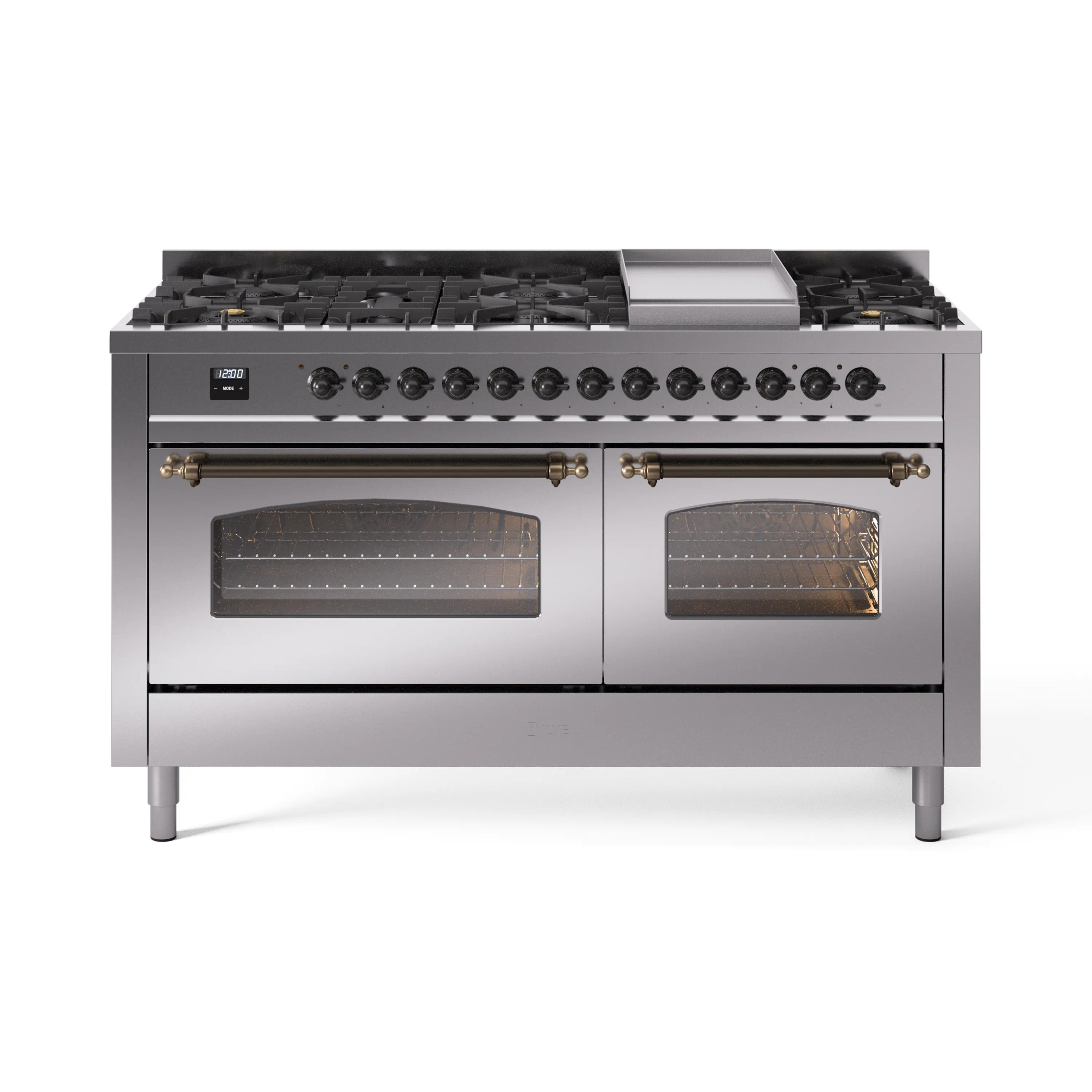 ILVE 60-Inch Nostalgie II Dual Fuel Range with 9 Burners, Griddle and Triple Glass Door Oven in Stainless Steel with Bronze Trim (UP60FNMPSSB)