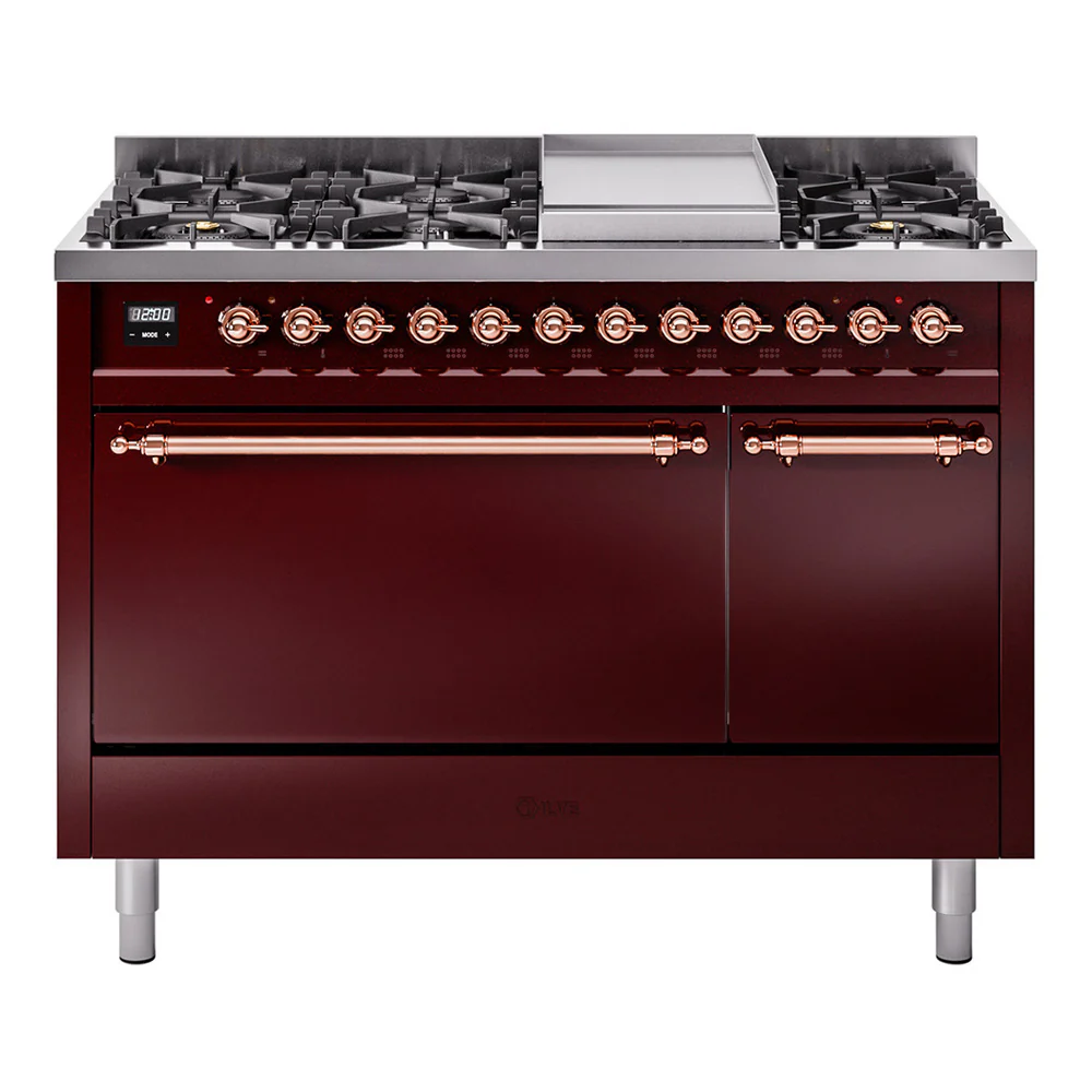 ILVE 48-Inch Nostalgie II Dual Fuel Range with 8 Burners, Griddle, and Solid Door Oven in Burgundy with Copper Trim (UP48FQNMPBUP)