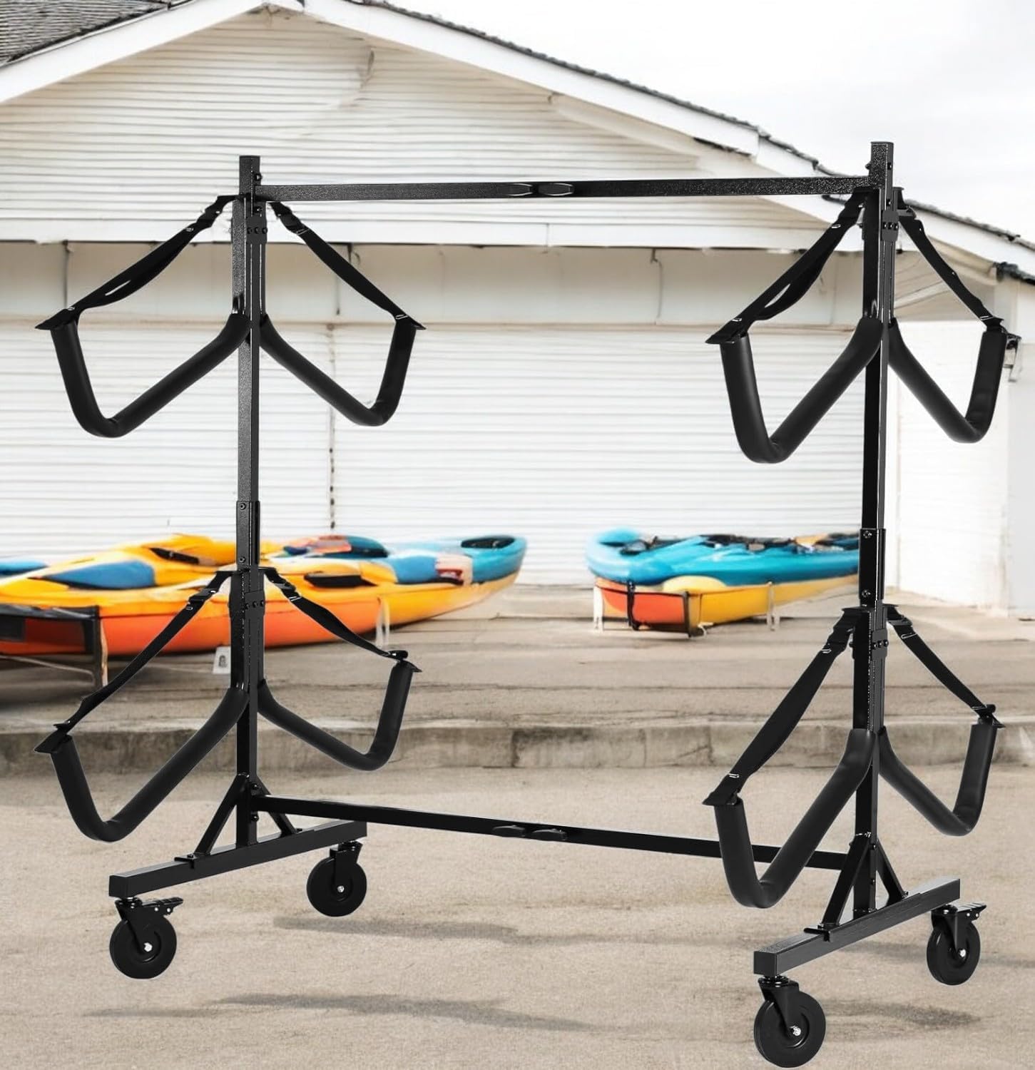 Kayak Storage Rack,Heavy-Duty Steel Freestanding Kayak Hanger Holder w/Padded Arms and Adjustable Width, Storage Stand for 4 Kayaks Canoe PaddleBoard SUP Surfboard for Garage, Shed,Dock