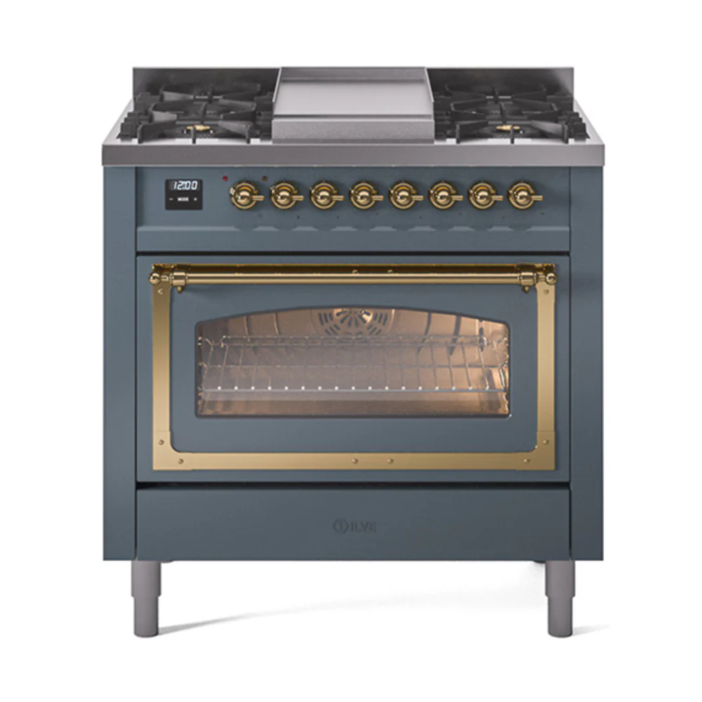 ILVE Nostalgie II Noblesse 36-Inch Dual Fuel Range and Triple Glass Door in Blue Grey with Brass Trim (UN36FNMPBGG)