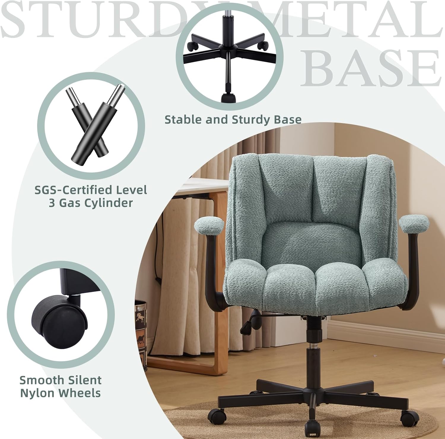 Criss Cross Legged Office Chair with Flip-Up Arms and Wheels, Wide Seat Desk Chair with Built-In Dynamic Airbag Lumbar Support, Modern Cross-Leg Chair for Home Office, Apartment, Vanity, Light Green