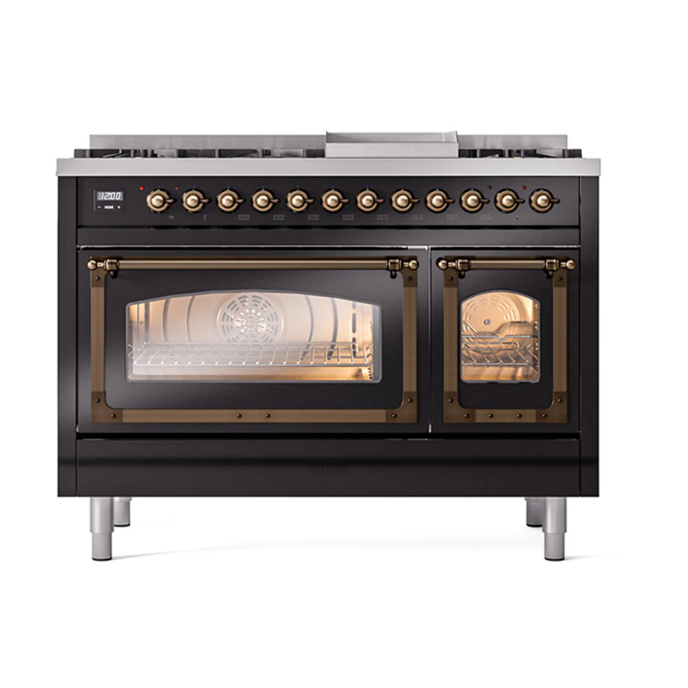 ILVE Nostalgie II Noblesse 48-Inch Dual Fuel Freestanding Range in Glossy Black with Bronze Trim (UN48FNMPBKB)