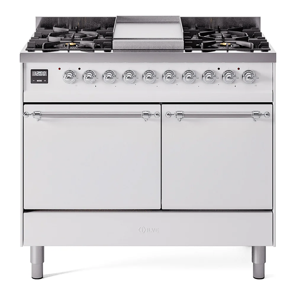 ILVE 40-Inch Nostalgie II Dual Fuel Range with 6 Burners, Griddle and Solid Door Oven in White with Chrome Trim (UPD40FQNMPWHC)