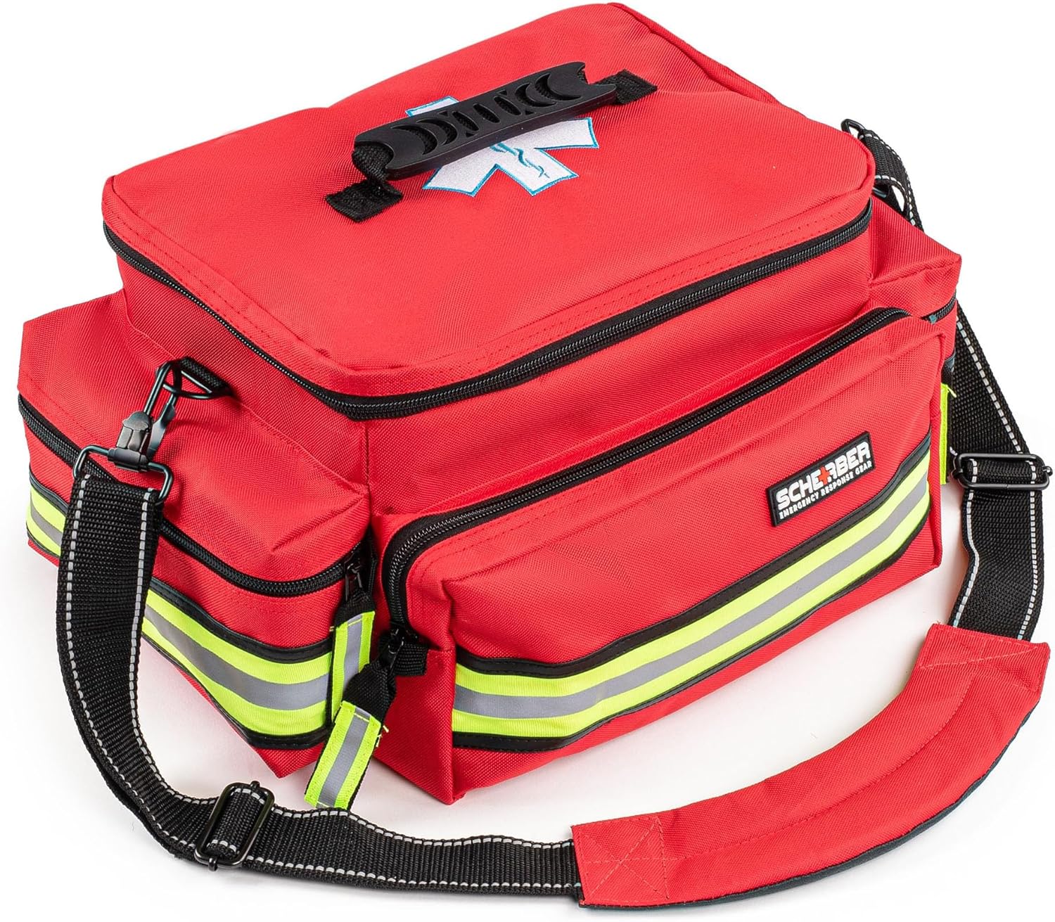 Scherber First Responder Fully-Stocked Professional Essentials EMT/EMS Trauma Kit | HSA/FSA Approved | Reflective Bag w/8 Zippered Pockets & Compartments & 200+ First Aid Supplies - Red