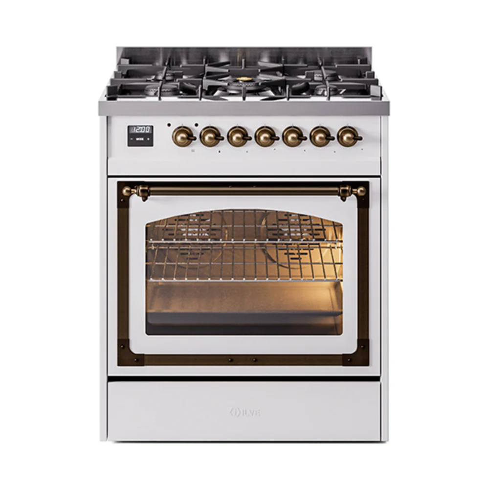 ILVE Nostalgie II Noblesse 30-Inch Dual Fuel Range with Triple Glass Door in White with Bronze Trim (UN30NMPWHB)