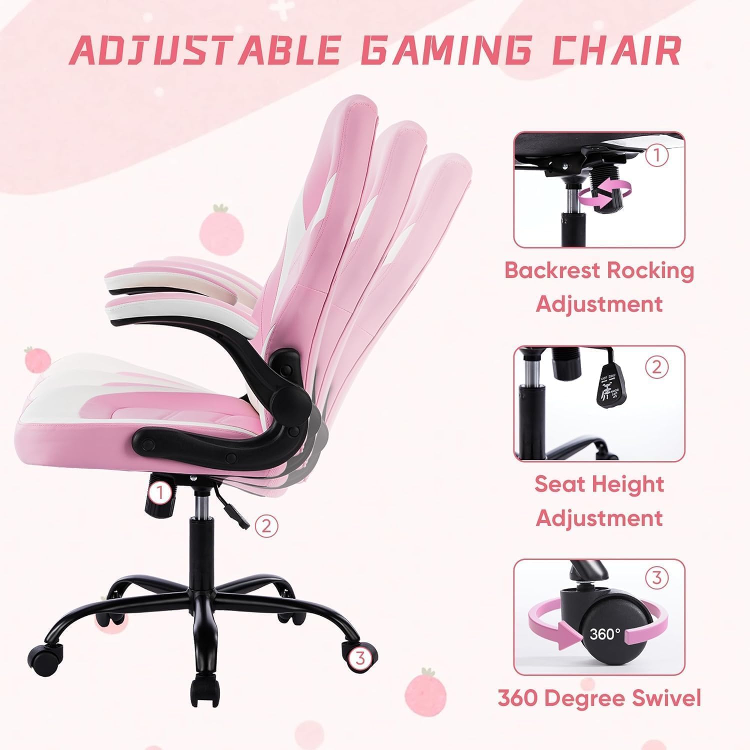 OLIXIS Computer Gaming Desk Chair - Big and Tall Ergonomic Lumbar Support with Flip-up Armrest and 360° Swivel Wheels, PU Leather Height Adjustable, for Home and Office, Pink